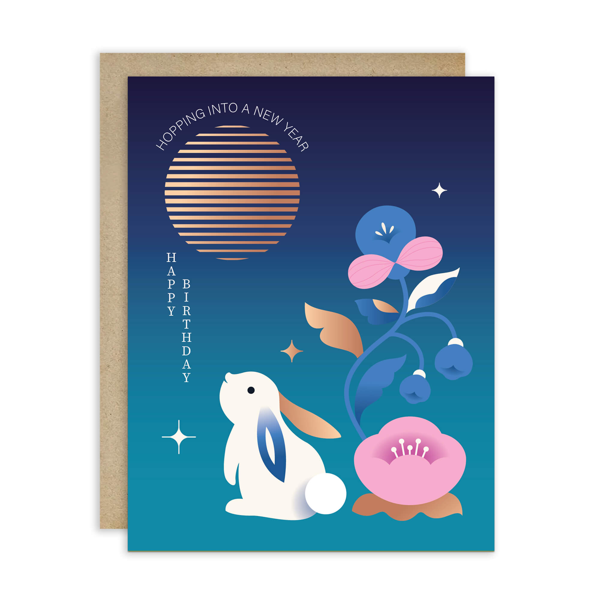 unique birthday Greeting card with a rabbit and floral design on a blue background