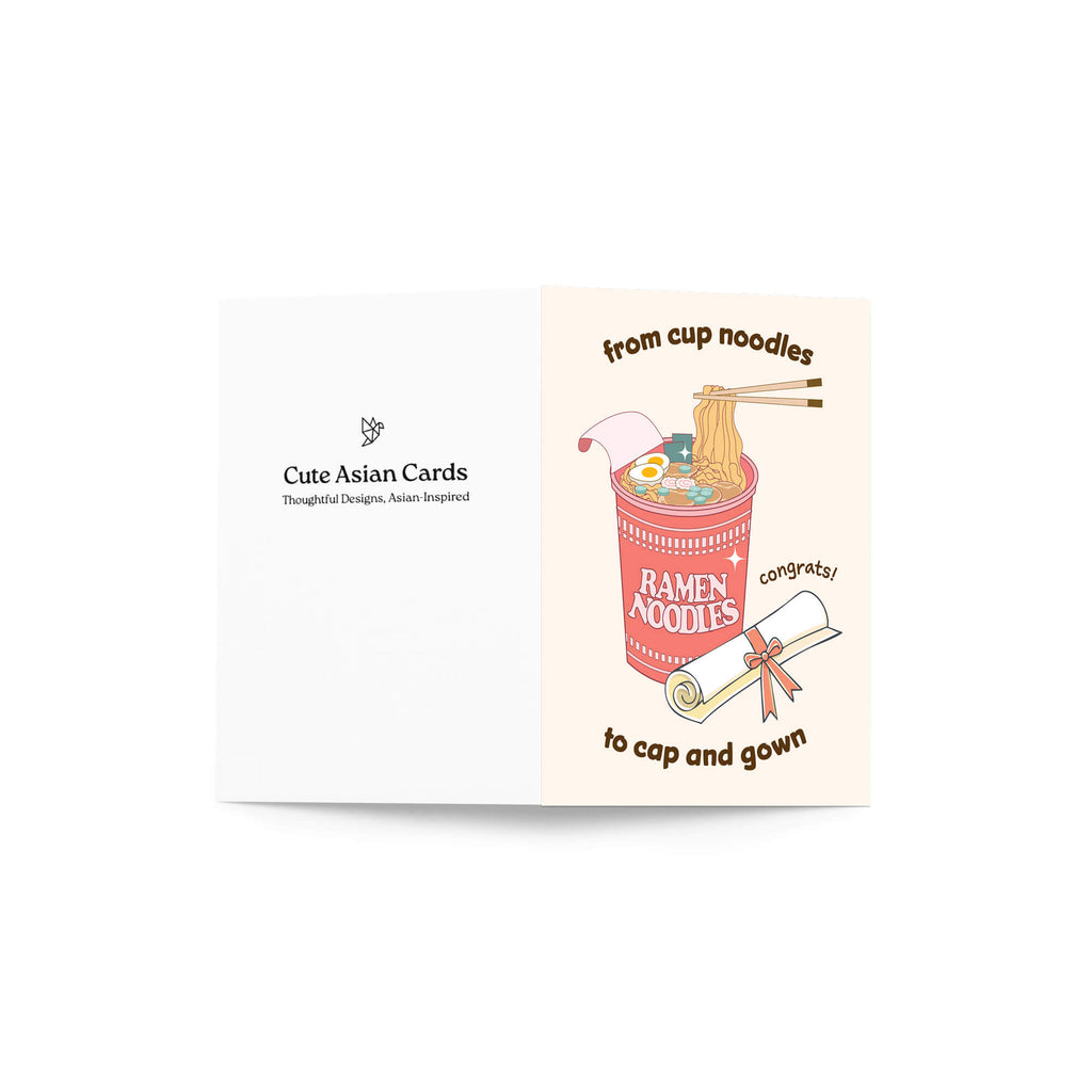 care graduation card with a cup of ramen noodles and text 'From cup noodles to cap and gown' on a beige background.