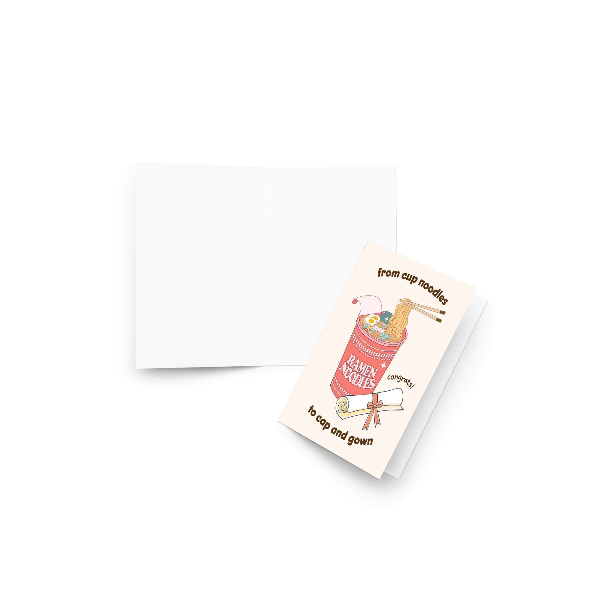 care graduation card with a cup of ramen noodles and text 'From cup noodles to cap and gown' on a beige background.