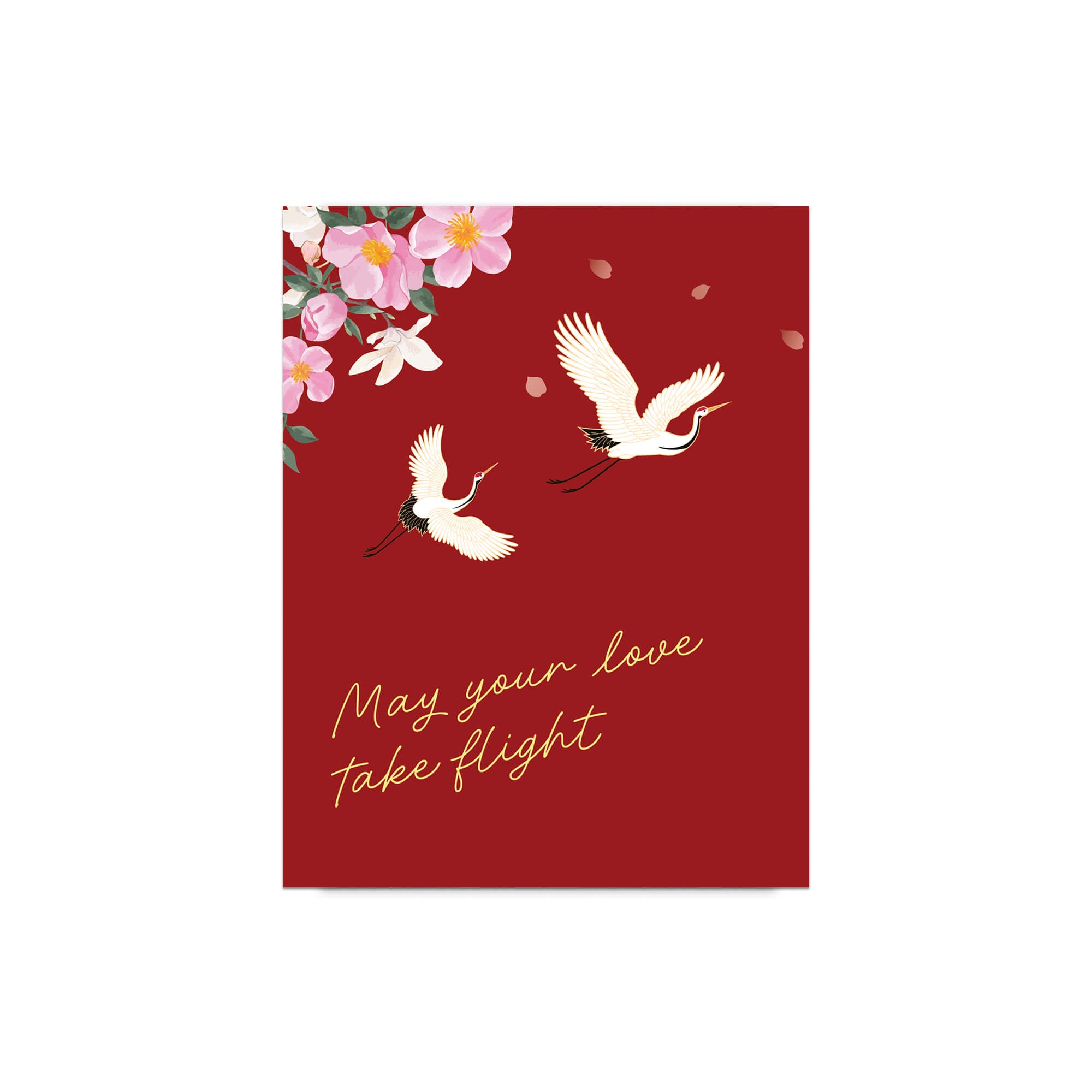 Red wedding chinese vietnamese card with white cranes, pink flowers, and 'May your love take flight' text on a white background