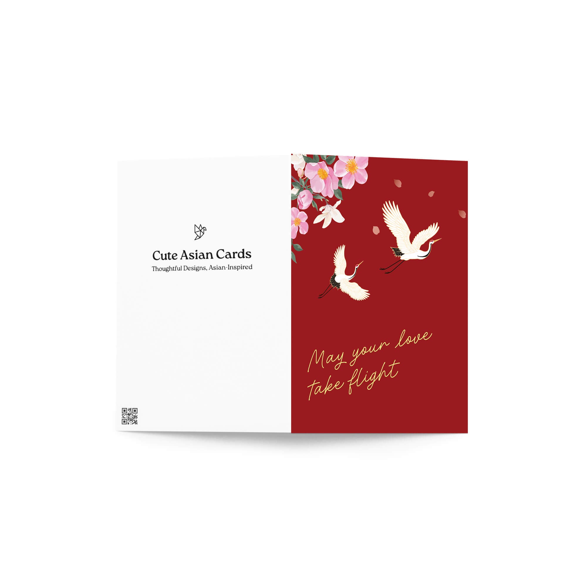 Red wedding chinese vietnamese card with white cranes, pink flowers, and 'May your love take flight' text on a white background