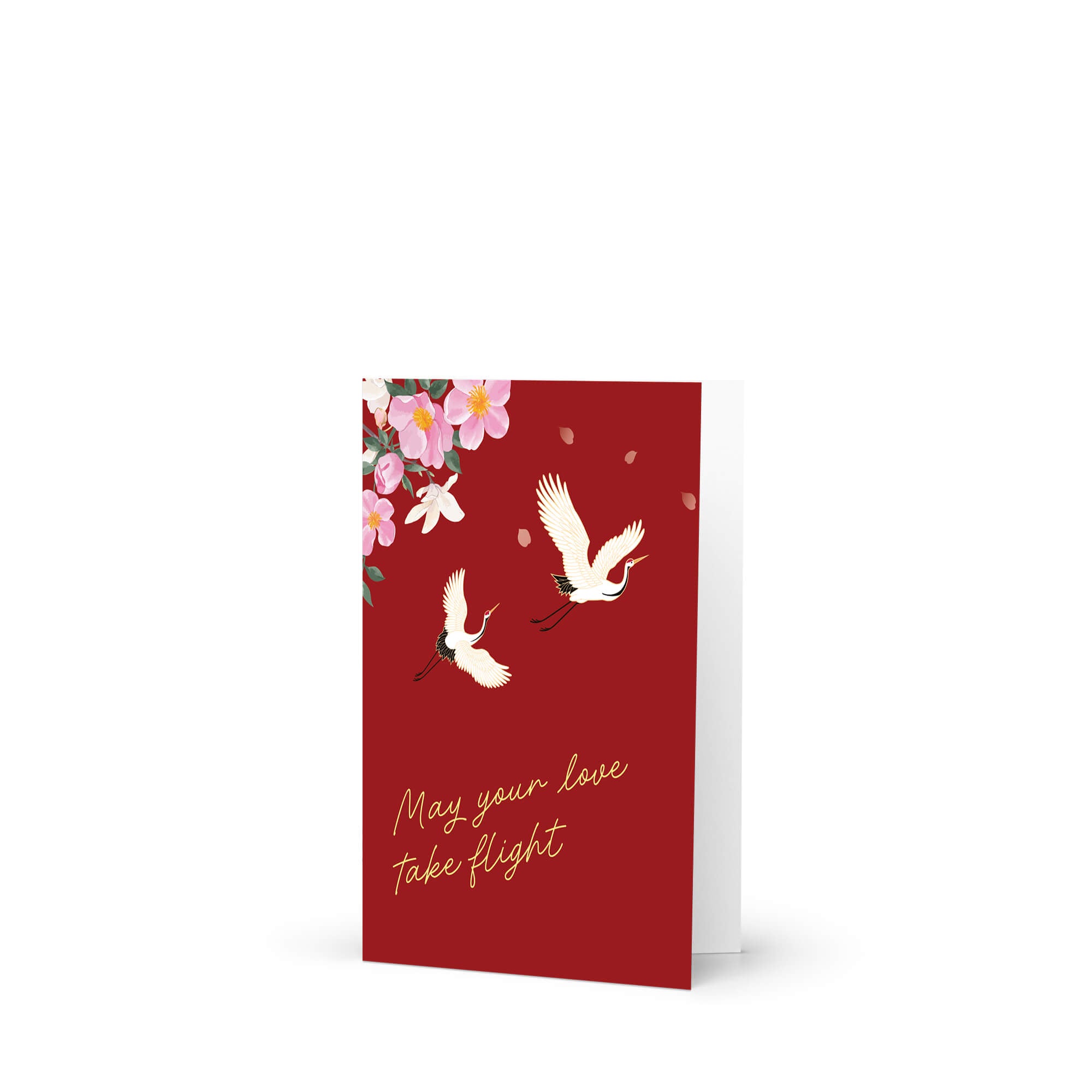 Red wedding chinese vietnamese card with white cranes, pink flowers, and 'May your love take flight' text on a white background