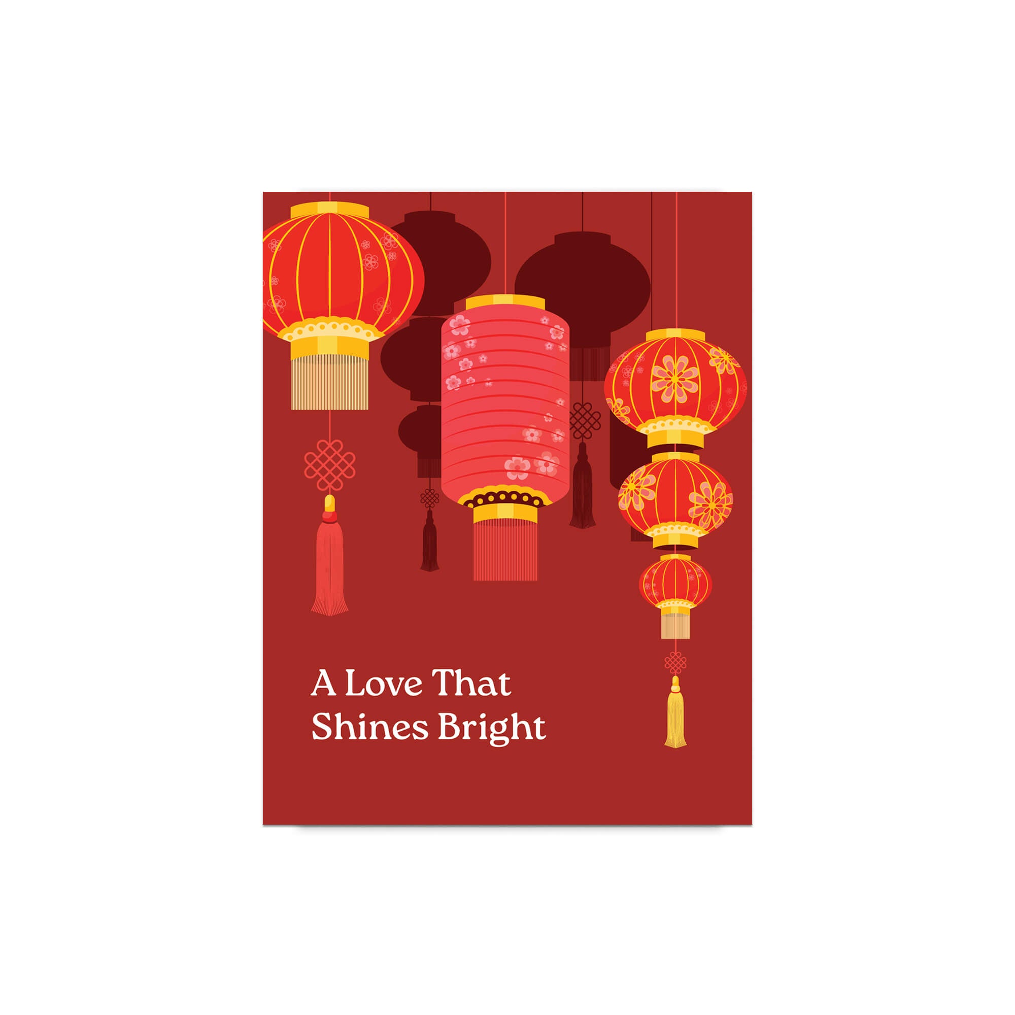 chinese wedding Greeting card with red lanterns and text 'A Love That Shines Bright' on a red background