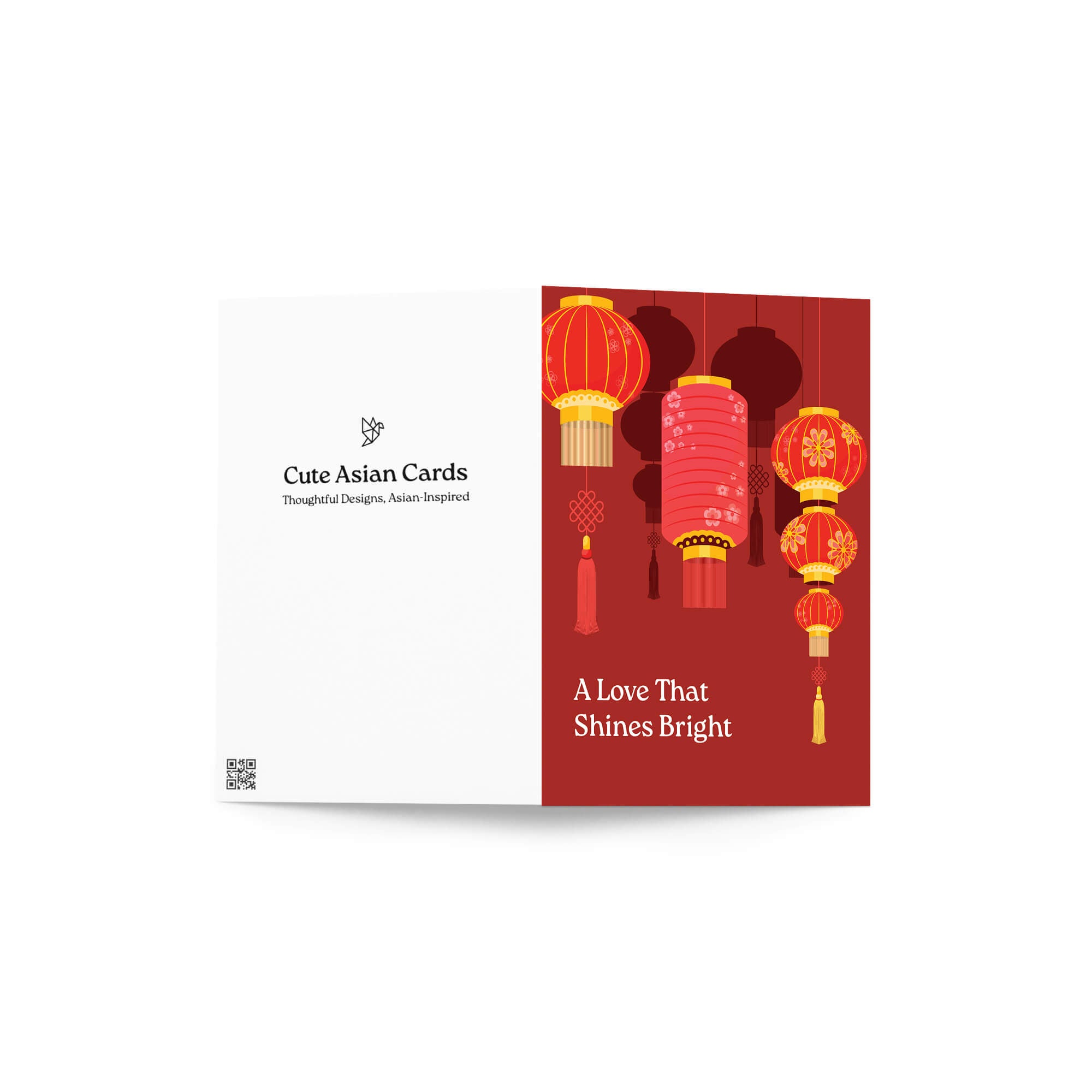 chinese wedding Greeting card with red lanterns and text 'A Love That Shines Bright' on a red background