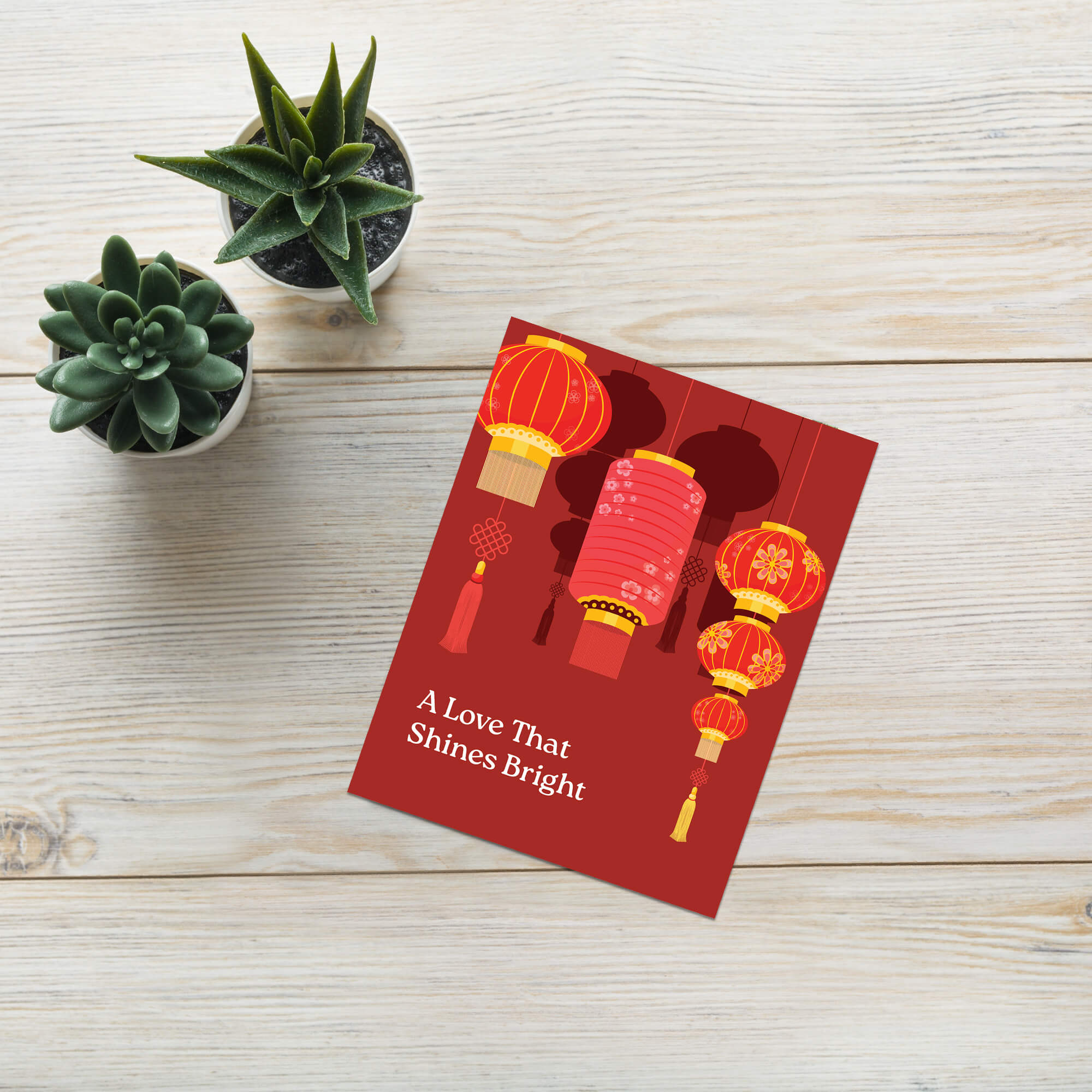 chinese wedding Greeting card with red lanterns and text 'A Love That Shines Bright' on a red background
