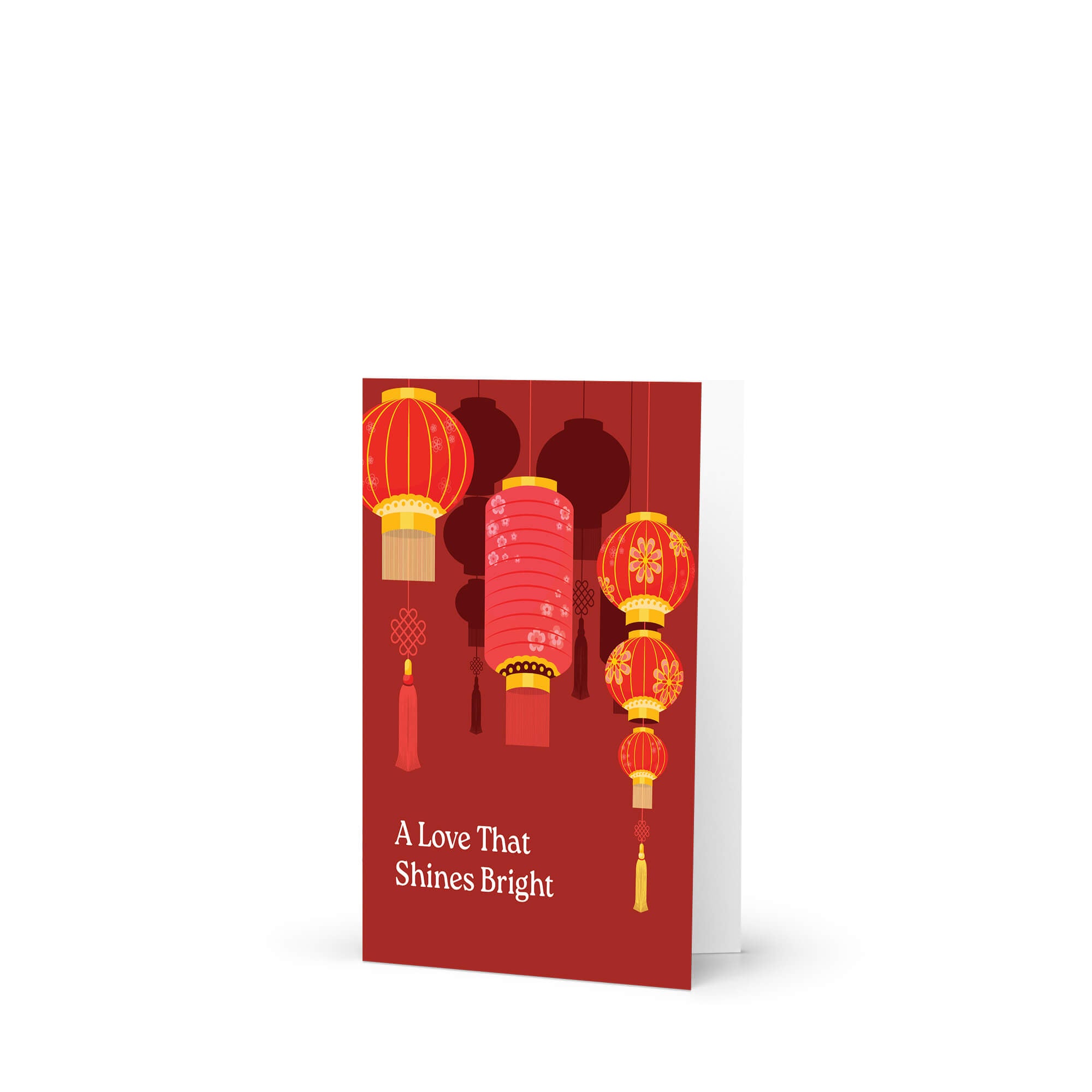chinese wedding Greeting card with red lanterns and text 'A Love That Shines Bright' on a red background