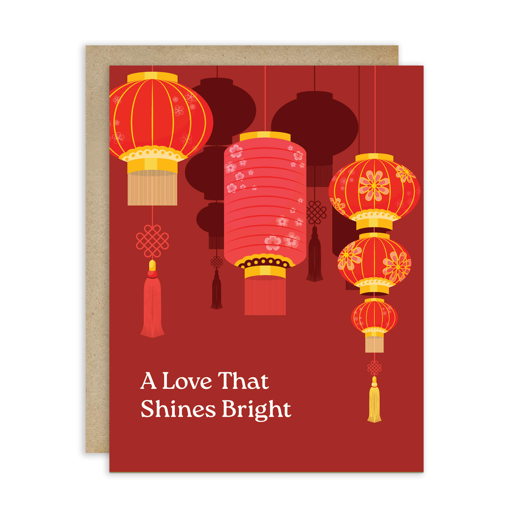 chinese wedding Greeting card with red lanterns and text 'A Love That Shines Bright' on a red background