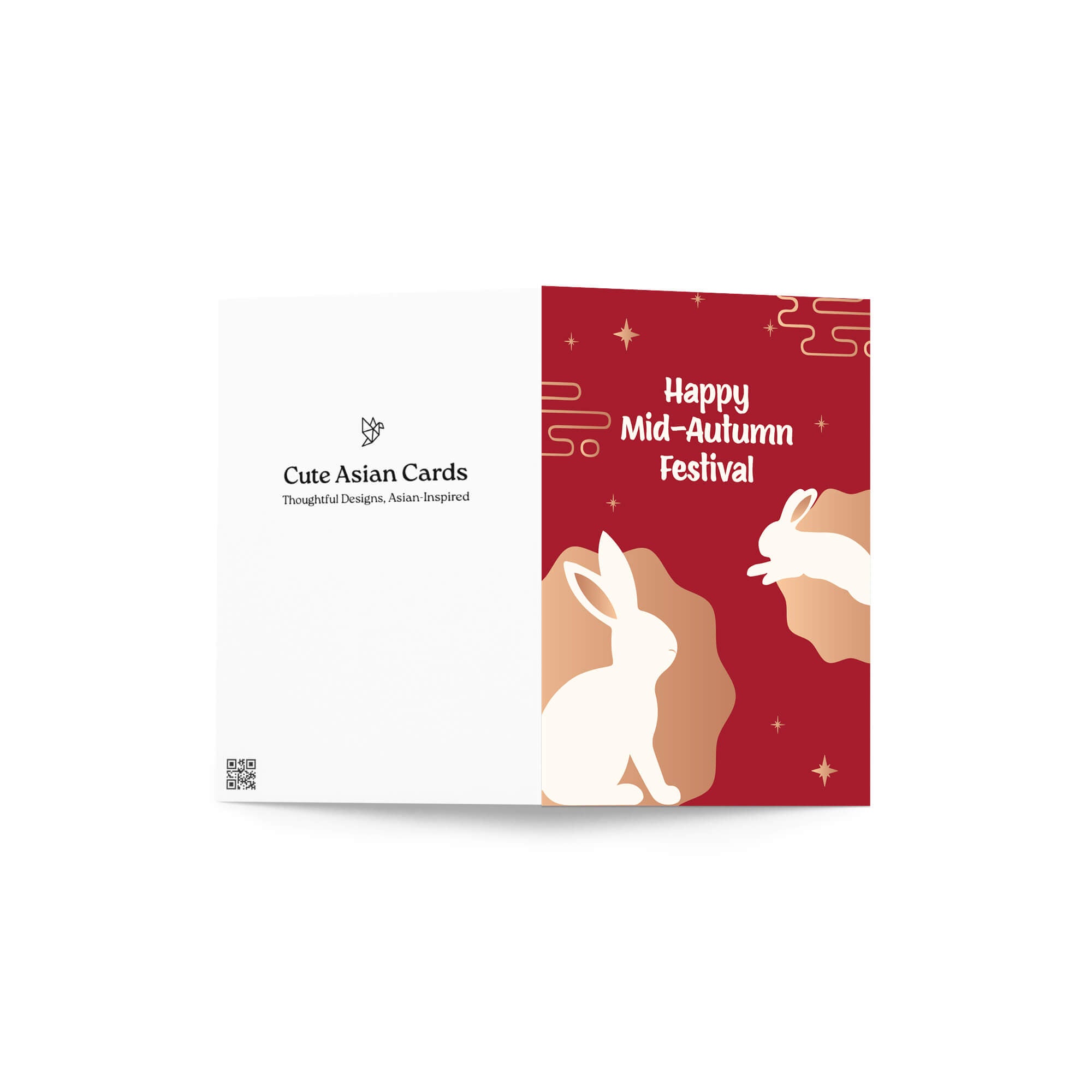 chinese inspired moon cake festival Card with rabbits and 'Happy Mid-Autumn Festival' text on a red background