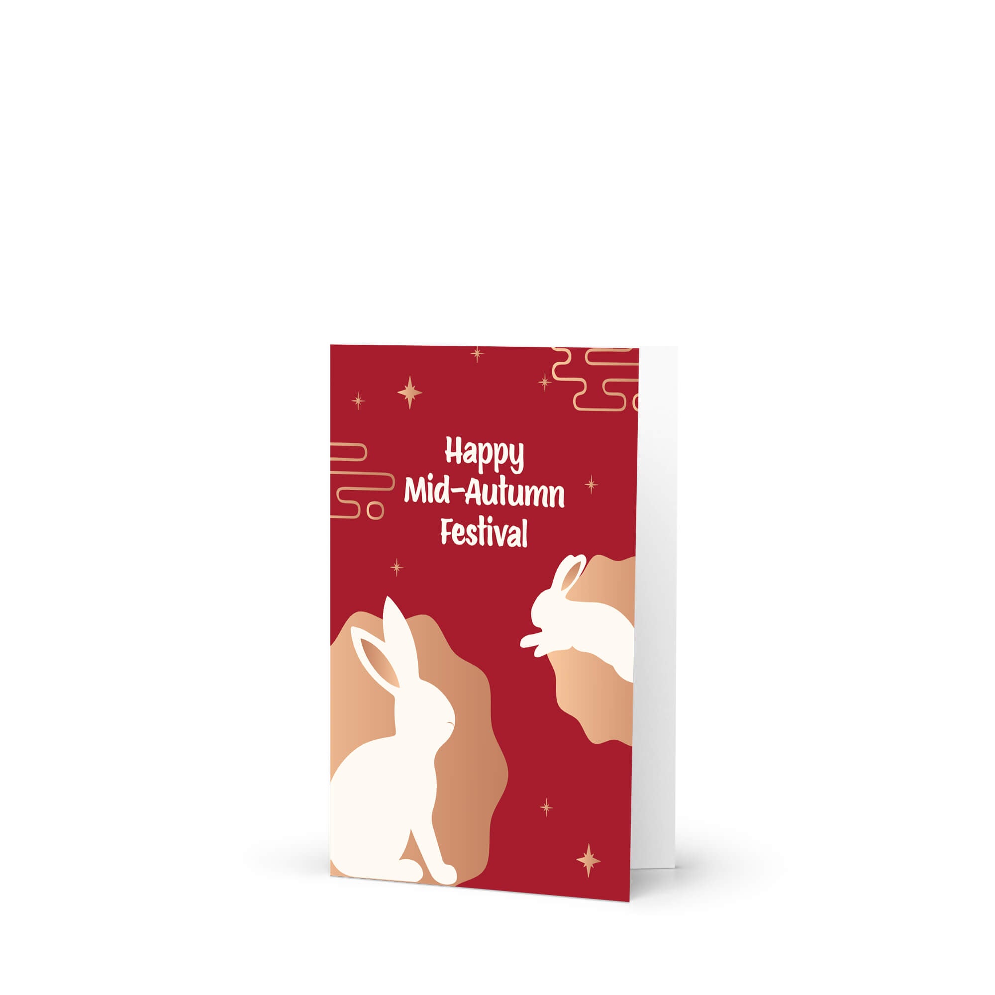 vietnamese inspired Greeting card with rabbits and 'Happy Mid-Autumn Festival' text on a red background