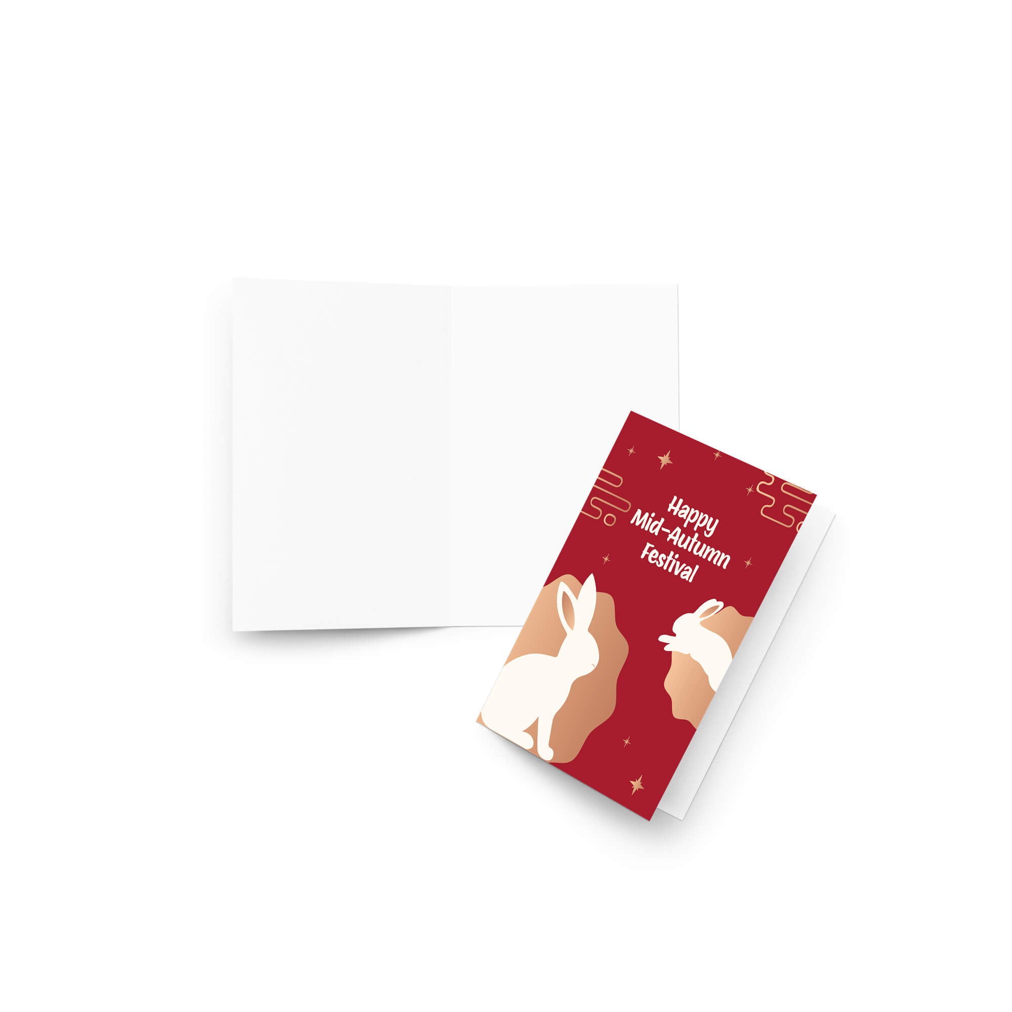 Red vietnamese inspired greeting card with white rabbits and text on a white background