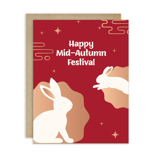 chinese mooncake festival Greeting card with white rabbits on a red background for Happy Mid-Autumn Festival