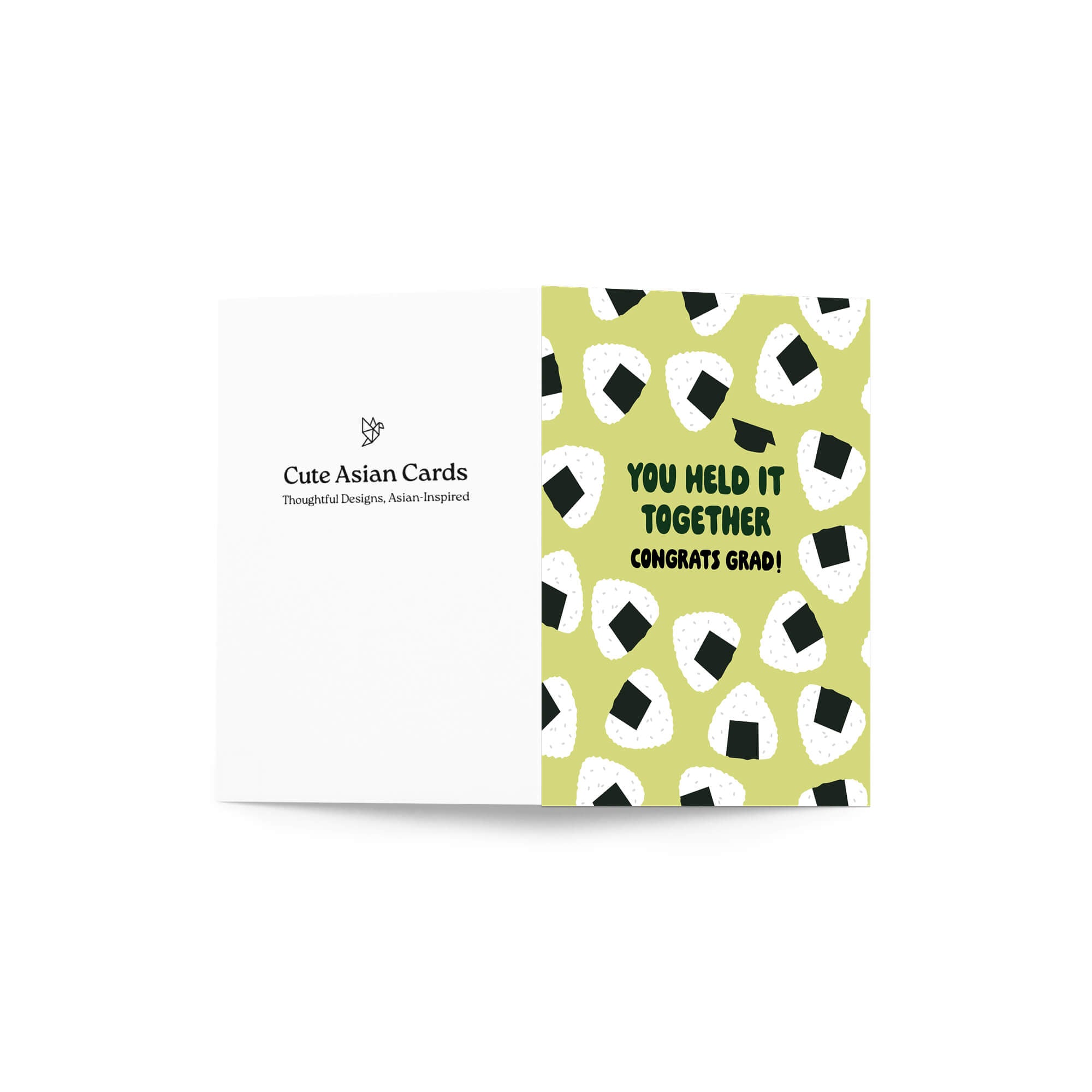 Graduation card with japanese onigiri rice ball pattern and text 'You held it together. Congrats grad!' on a white background.