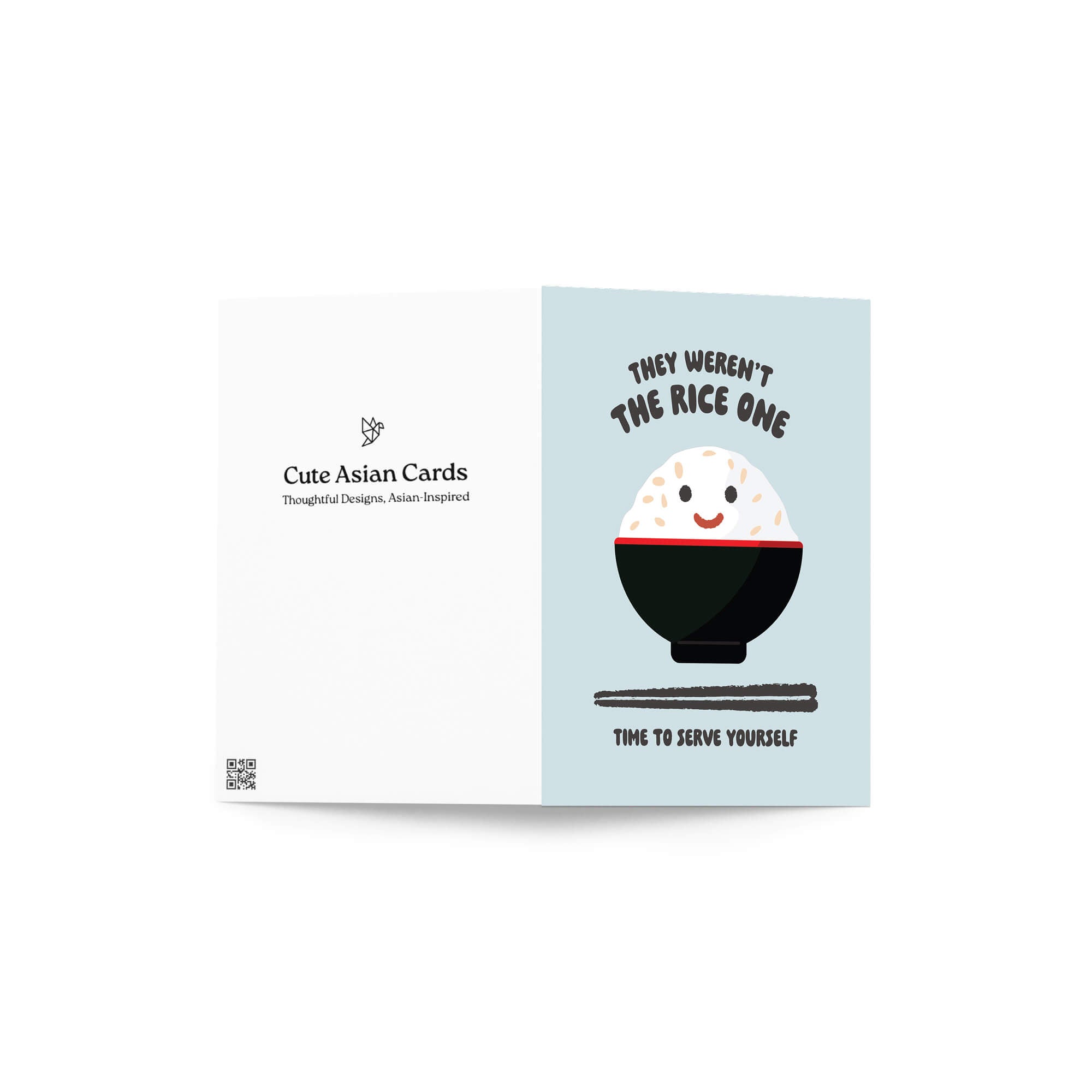 divorce greeting Card with a cartoon bowl of rice and text "they werent the rice one. time to serve yourself" on a light blue background