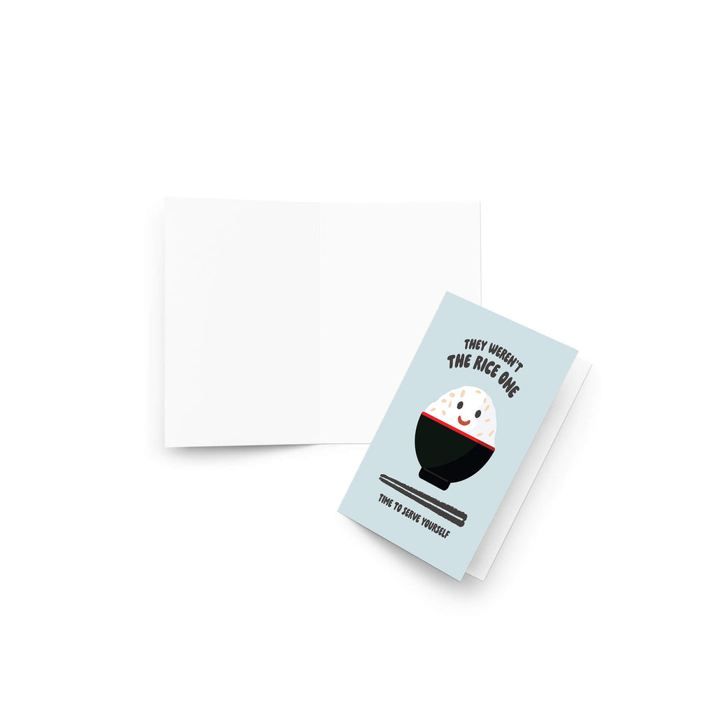 divorce greeting Card with a cartoon bowl of rice and text "they werent the rice one. time to serve yourself" on a light blue background