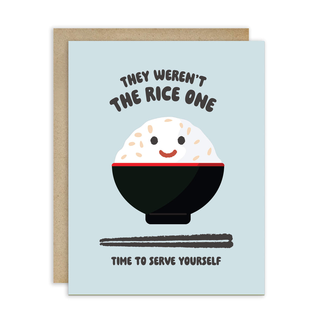 divorce Greeting card with a cartoon rice ball and humorous text on a light blue background