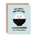 divorce Greeting card with a cartoon rice ball and humorous text on a light blue background
