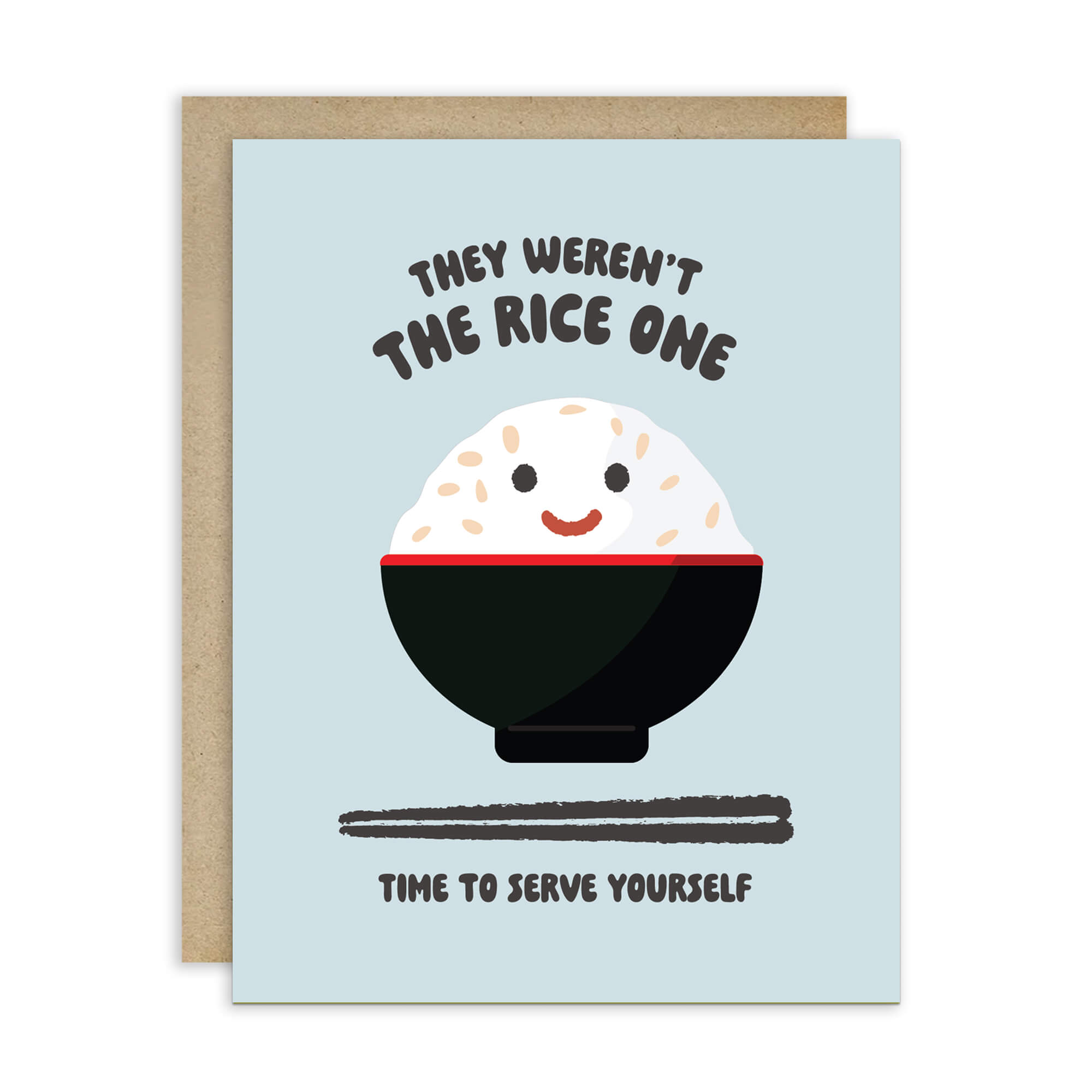 divorce Greeting card with a cartoon rice ball and humorous text on a light blue background
