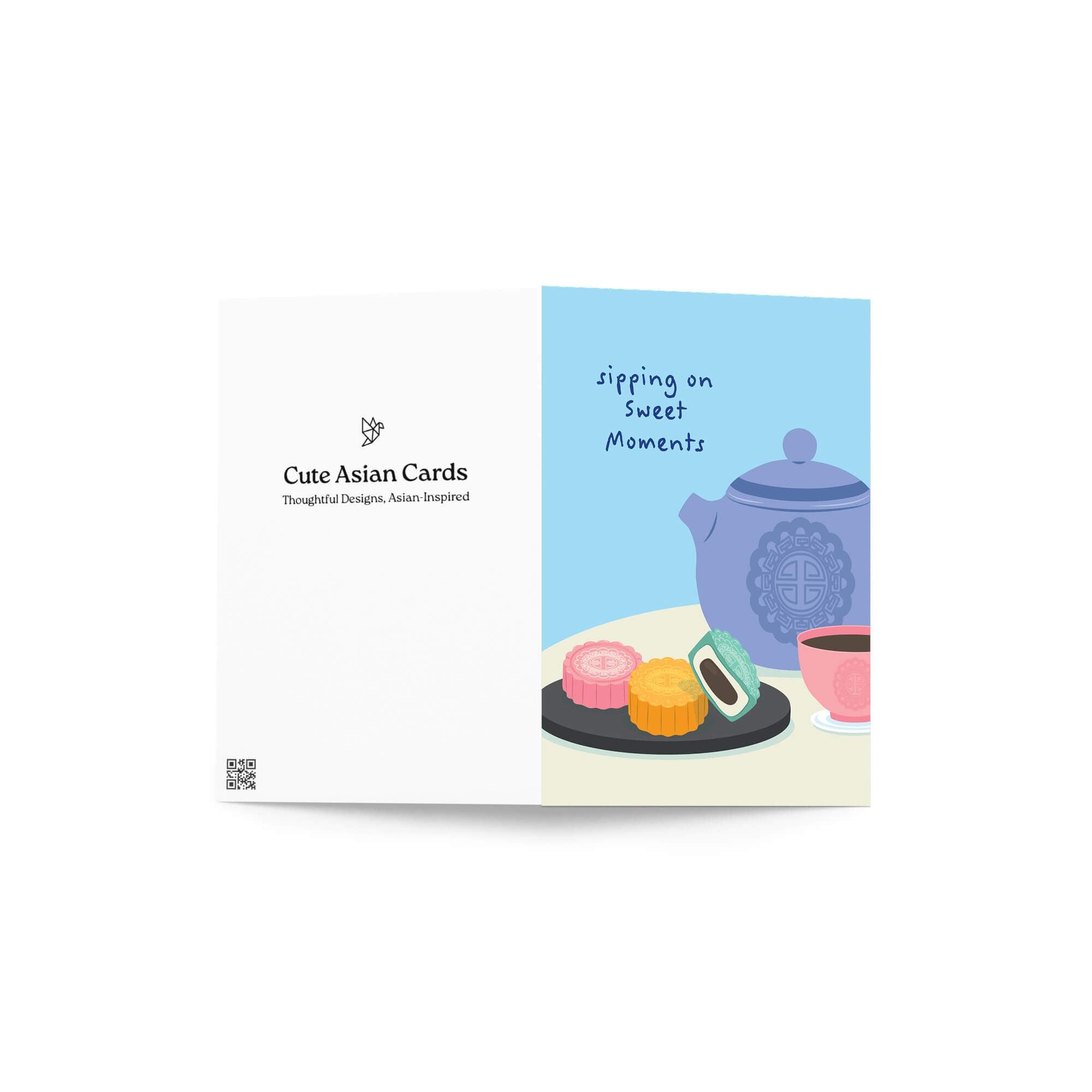 asian greeting Card with a blue teapot, pink teacup, and cookies on a white background with 'sipping on sweet moments' text.