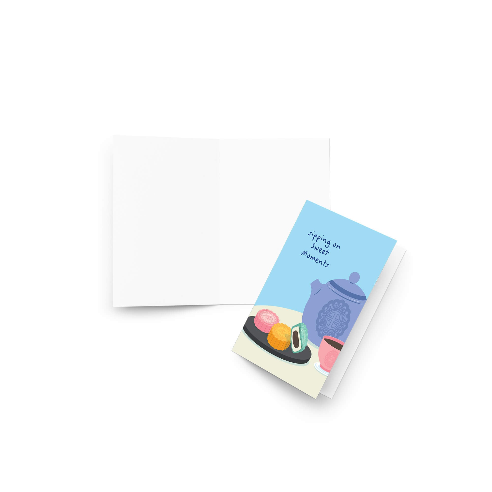asian greeting Card with a blue teapot, pink teacup, and cookies on a white background with 'sipping on sweet moments' text.