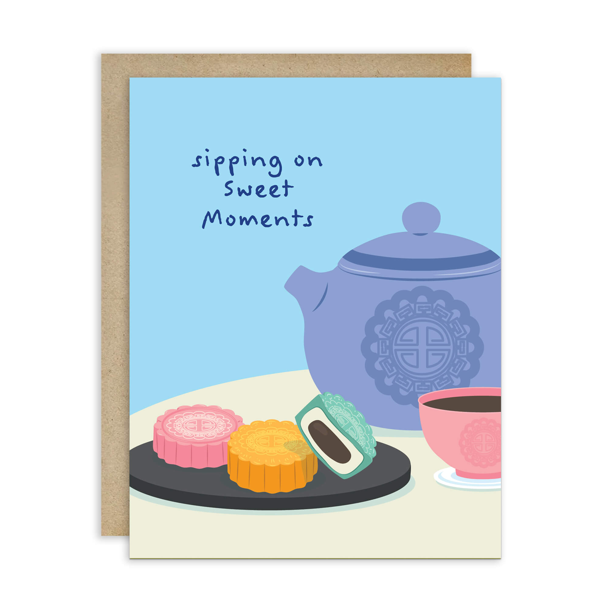chinese mid autumn festival greeting Card with a blue teapot, tea cup, and pastry mooncakes on a blue background