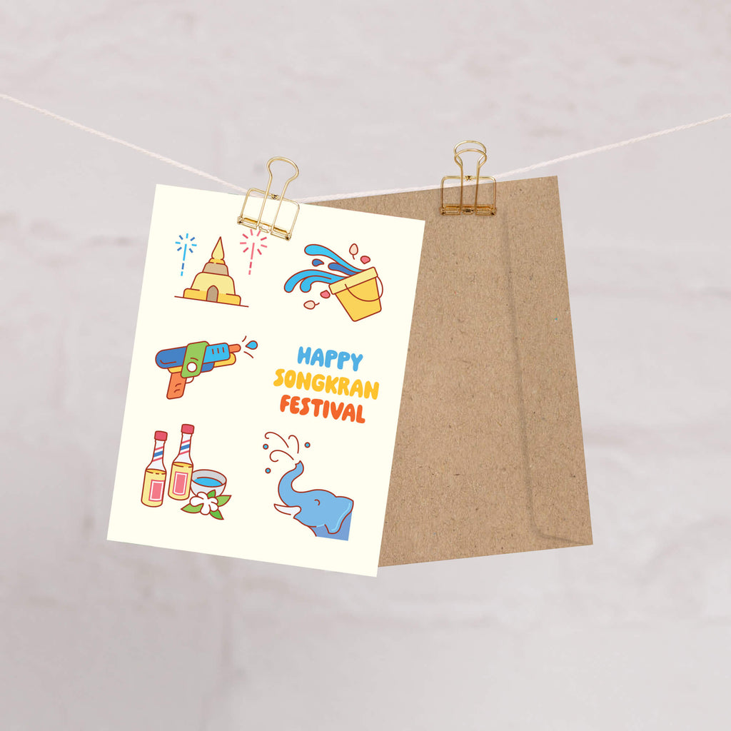 thai new year card with illustrations of Songkran water festival elements on a white background