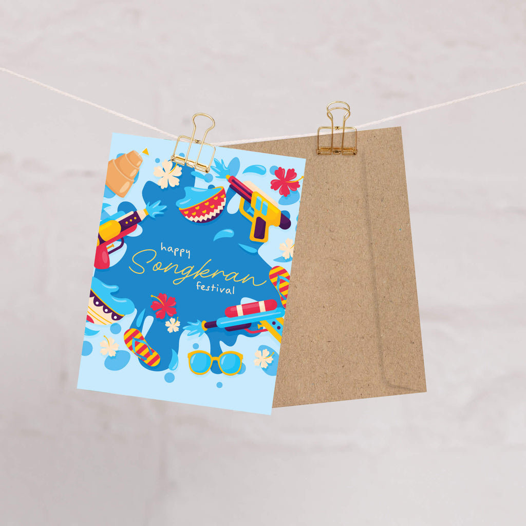 thai new year Greeting card with colorful illustrations of Songkran festival items on a blue background