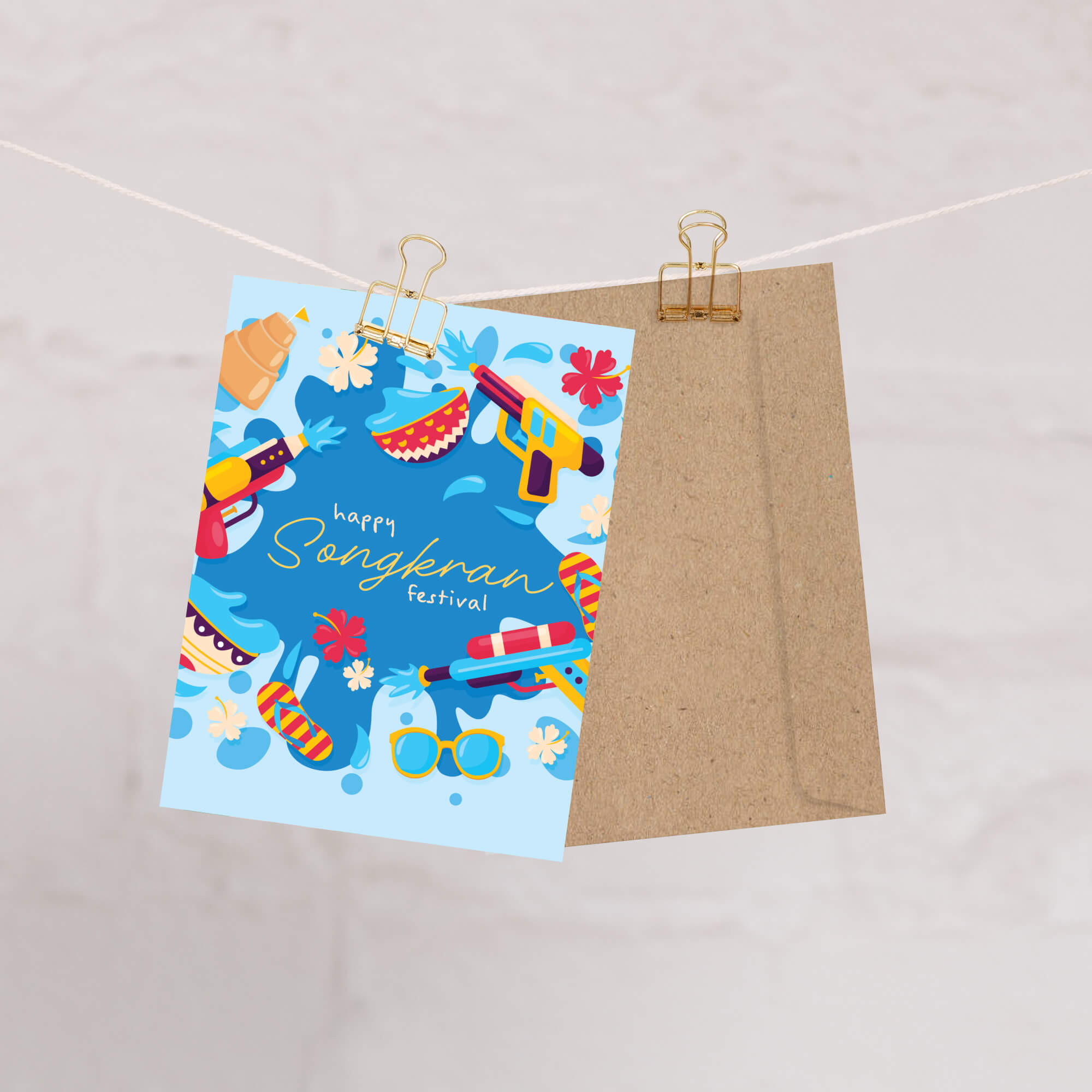 thai new year Greeting card with colorful illustrations of Songkran festival items on a blue background