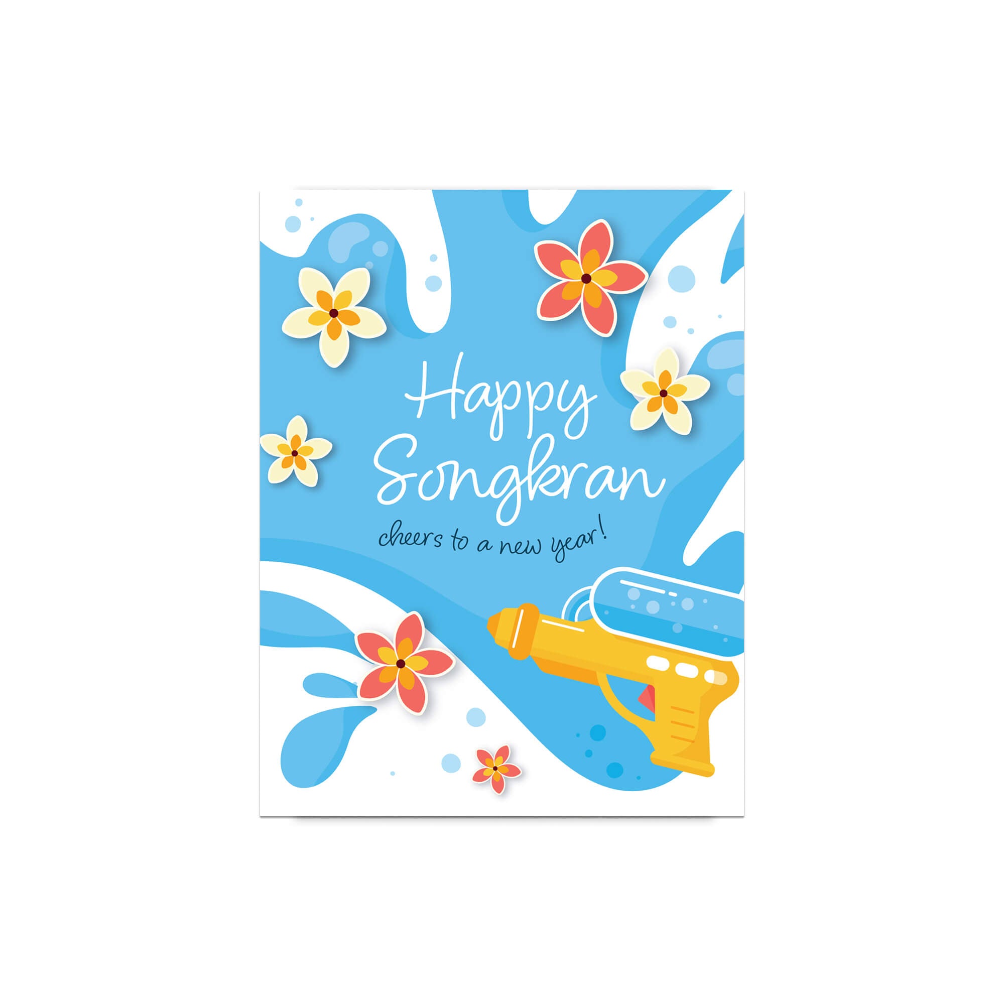 Greeting card with 'Happy Songkran' for Thai New Year with flowers and a water soaking squirt gun on a blue background.