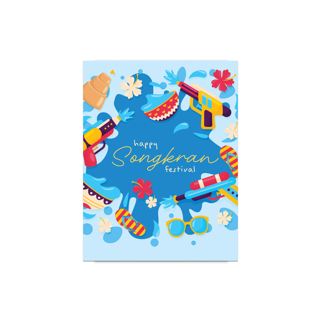 thai new year Greeting card with colorful illustrations of Songkran festival items on a blue background