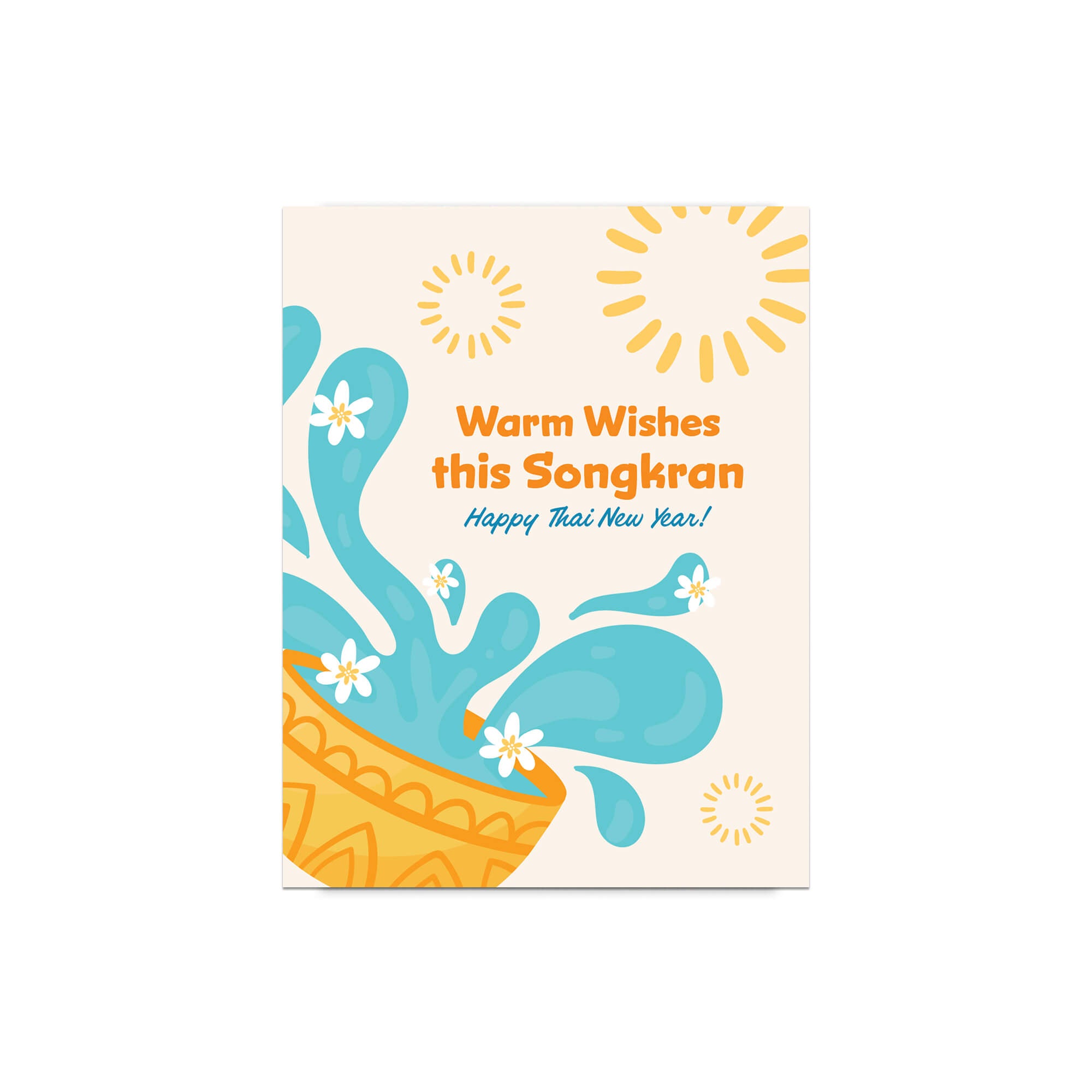 thai new year Greeting card with water splashes and text for Songkran celebration on a white background
