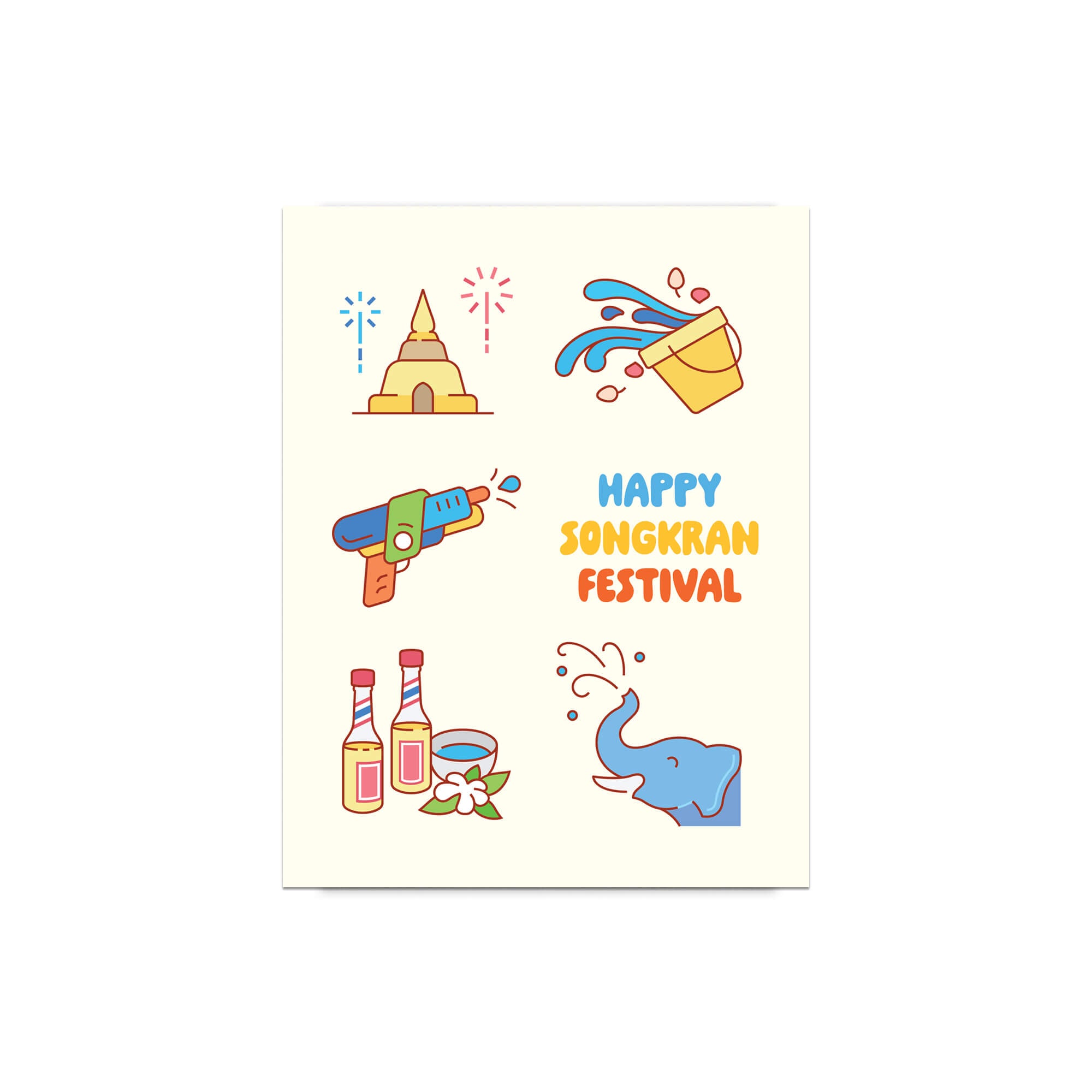 thai new year card with illustrations of Songkran water festival elements on a white background
