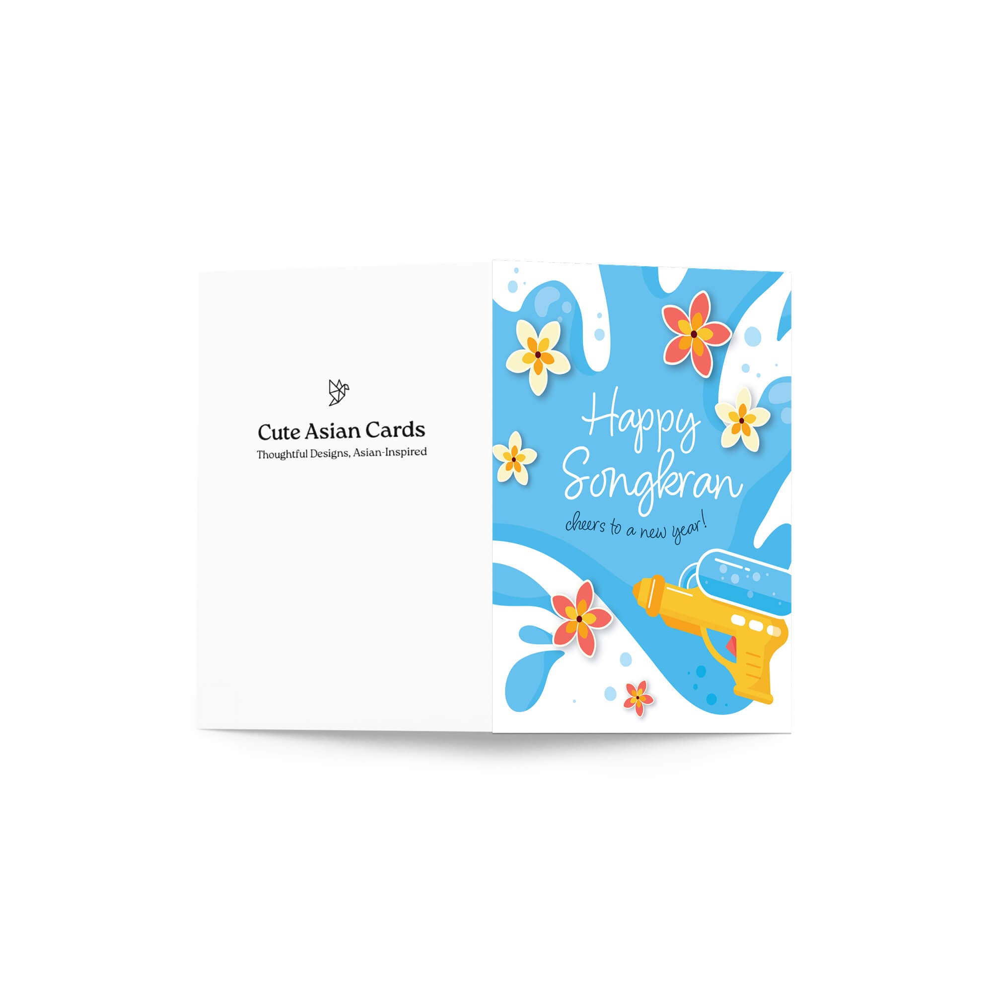 Greeting card with 'Happy Songkran' for Thai New Year with flowers and a water soaking squirt gun on a blue background.