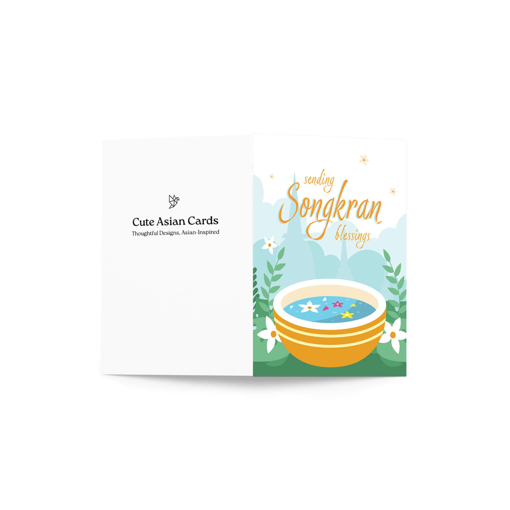 thai new year card with a bowl of spa water and flowers, featuring 'sending Songkran blessings' text.