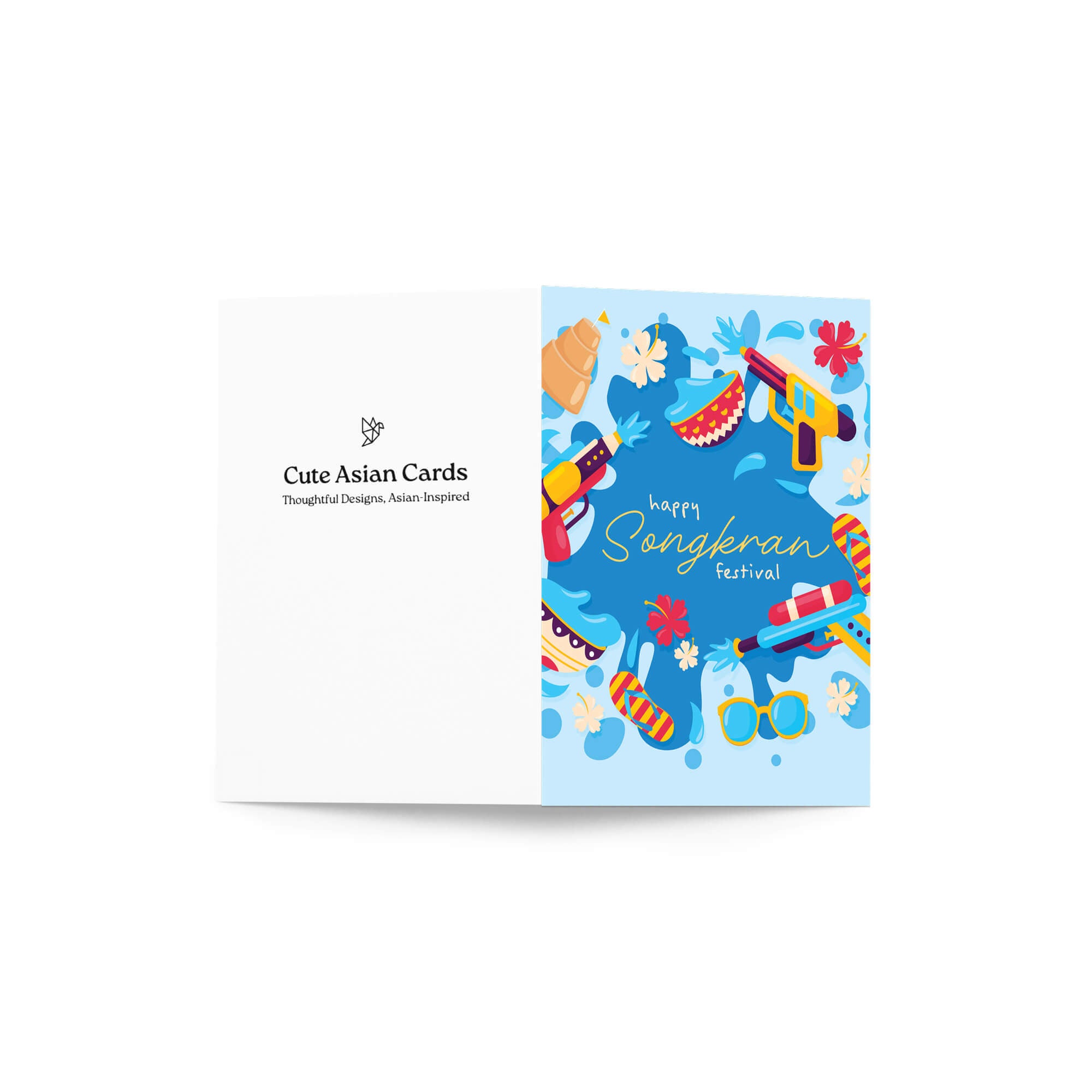 thai new year Greeting card with colorful illustrations of Songkran festival items on a blue background