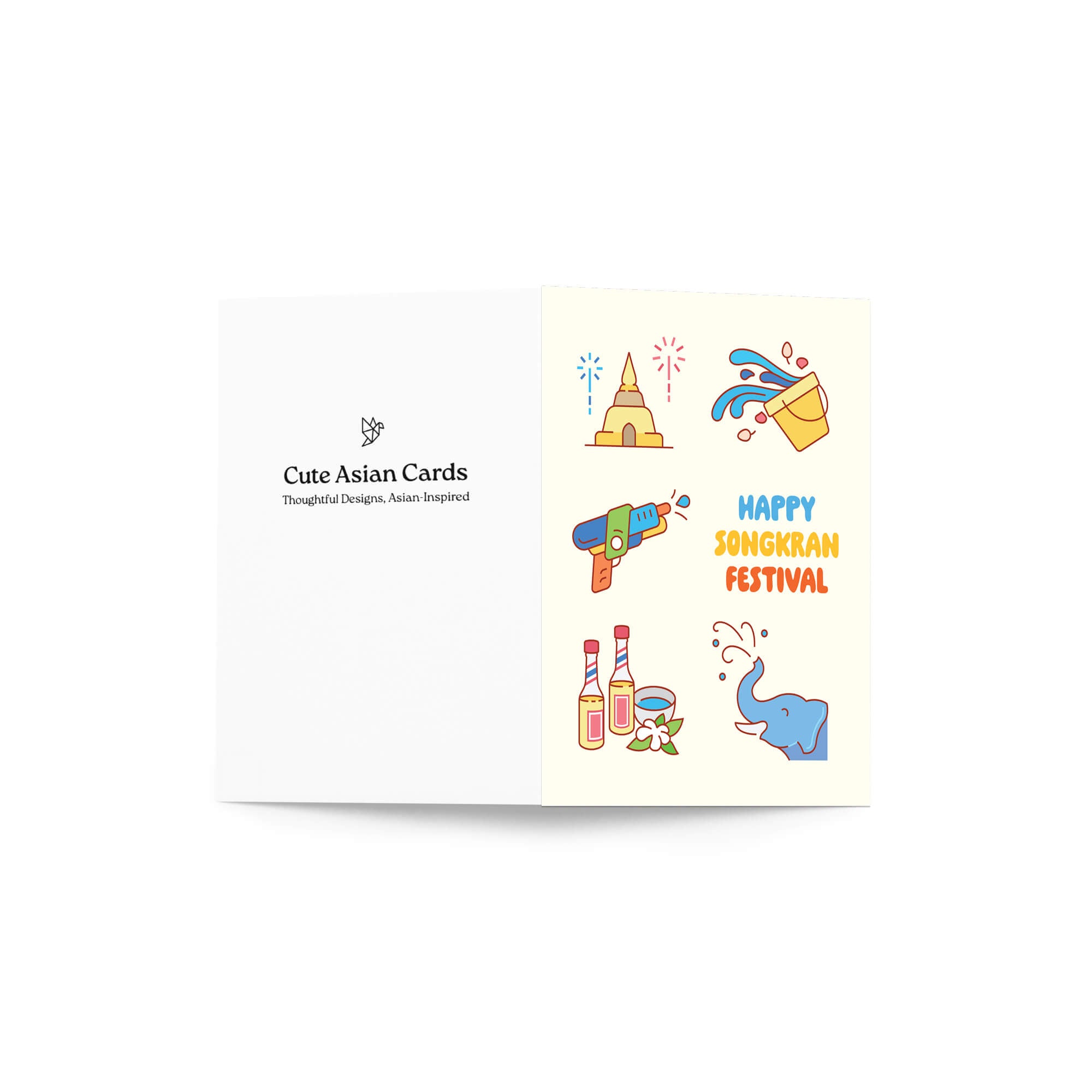 thai new year card with illustrations of Songkran water festival elements on a white background