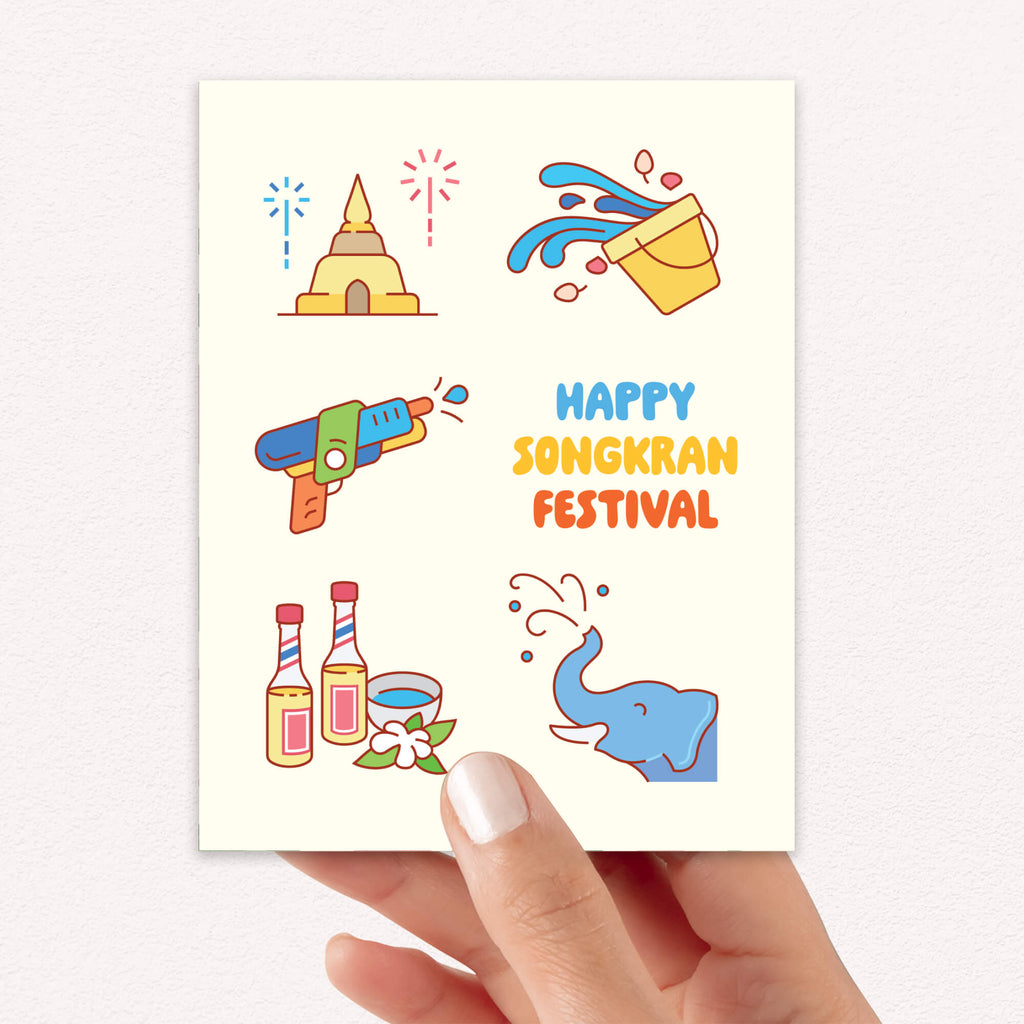 thai new year card with illustrations of Songkran water festival elements on a white background