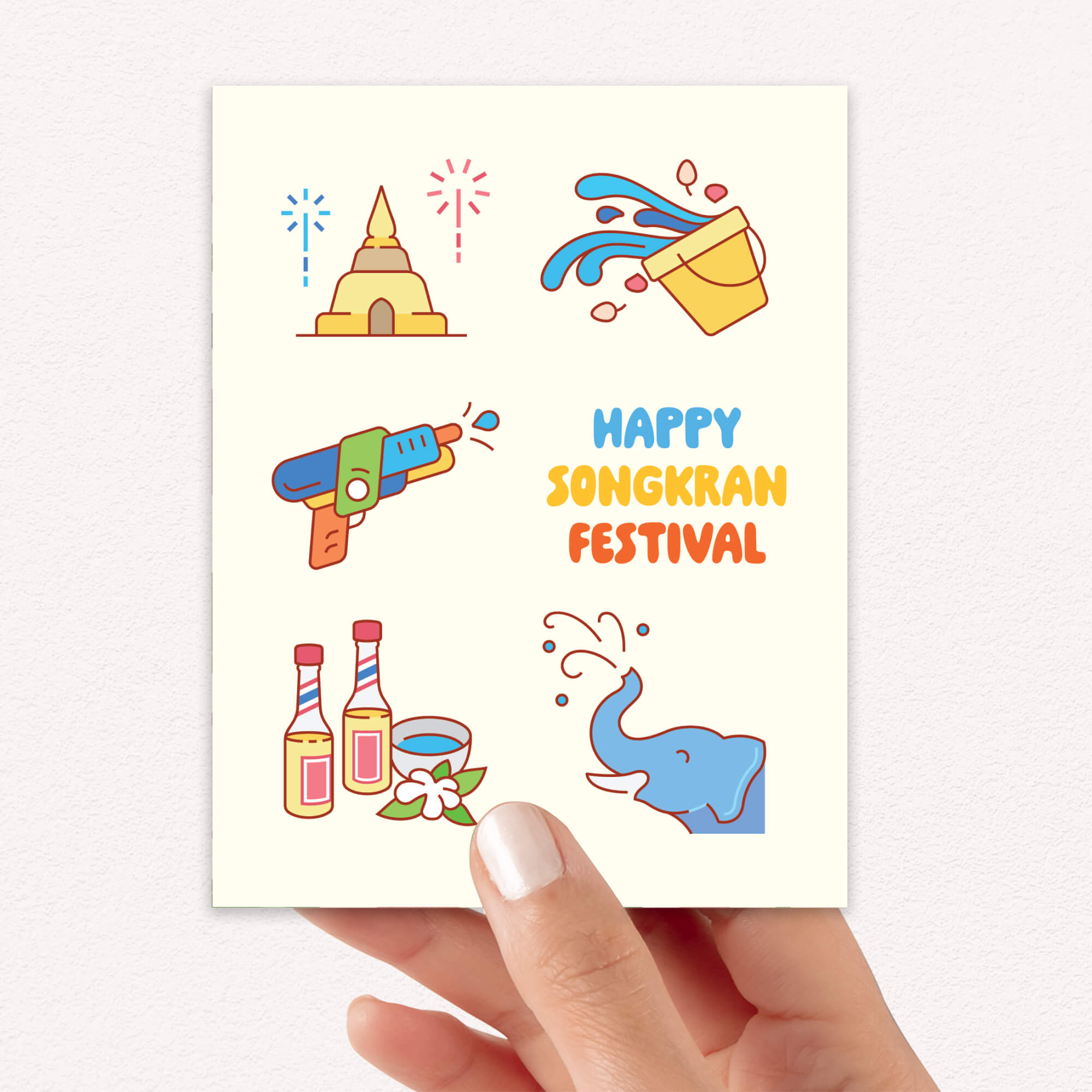 thai new year card with illustrations of Songkran water festival elements on a white background