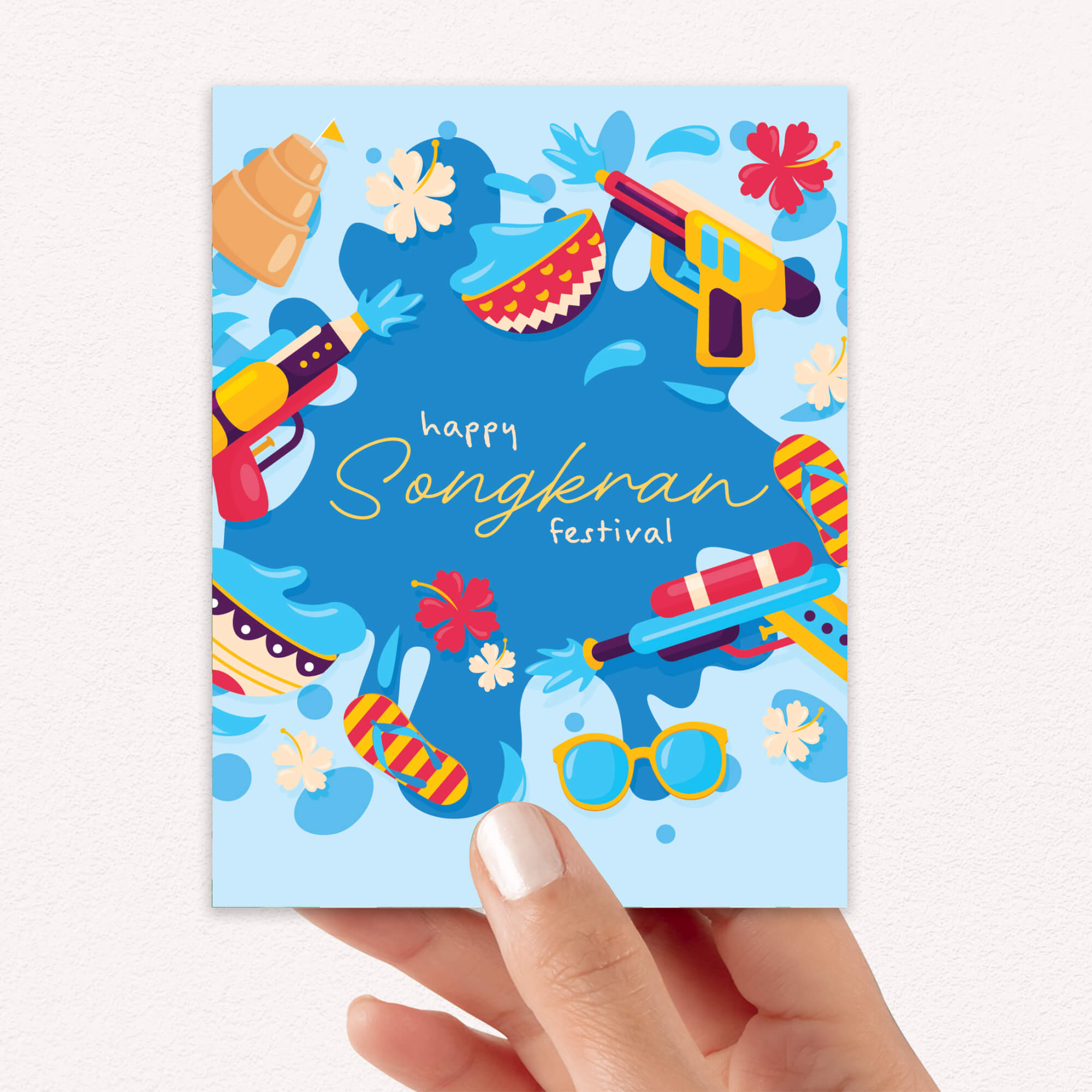 thai new year Greeting card with colorful illustrations of Songkran festival items on a blue background