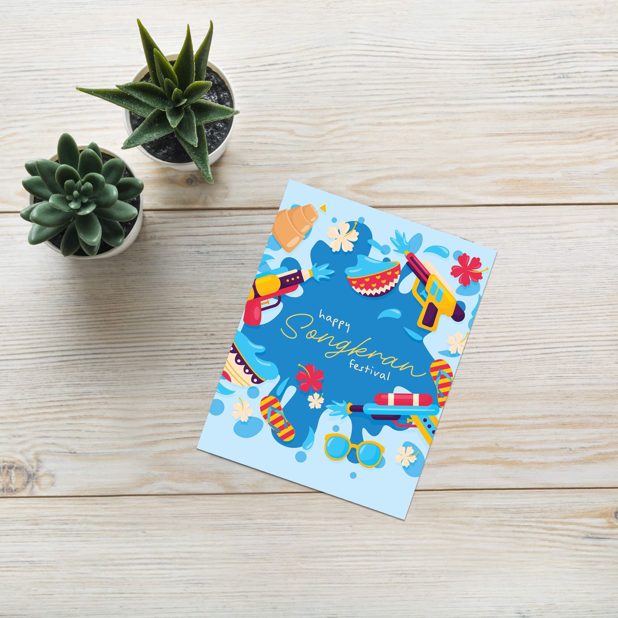 thai new year Greeting card with colorful illustrations of Songkran festival items on a blue background