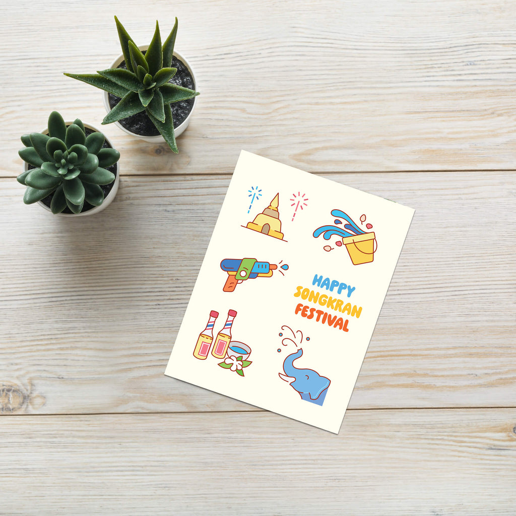 thai new year card with illustrations of Songkran water festival elements on a white background