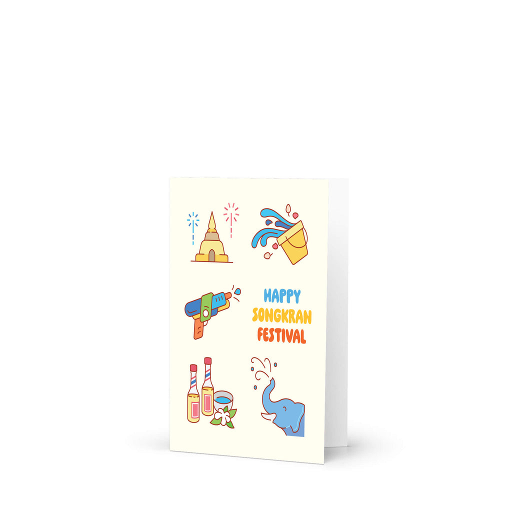 thai new year card with illustrations of Songkran water festival elements on a white background
