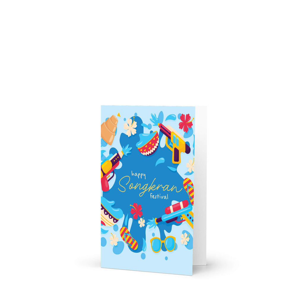 thai new year Greeting card with colorful illustrations of Songkran festival items on a blue background