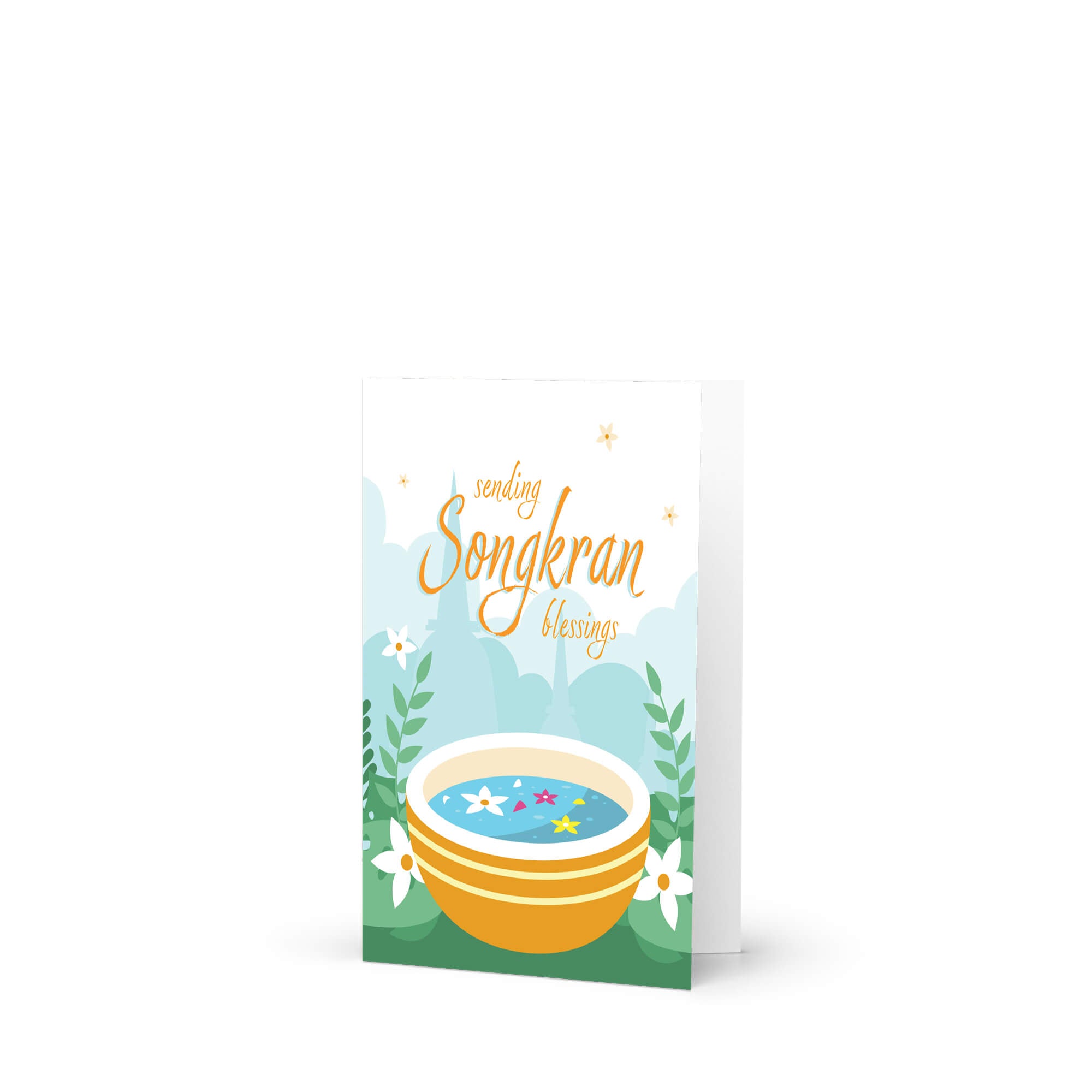 thai new year card with a bowl of spa water and flowers, featuring 'sending Songkran blessings' text.