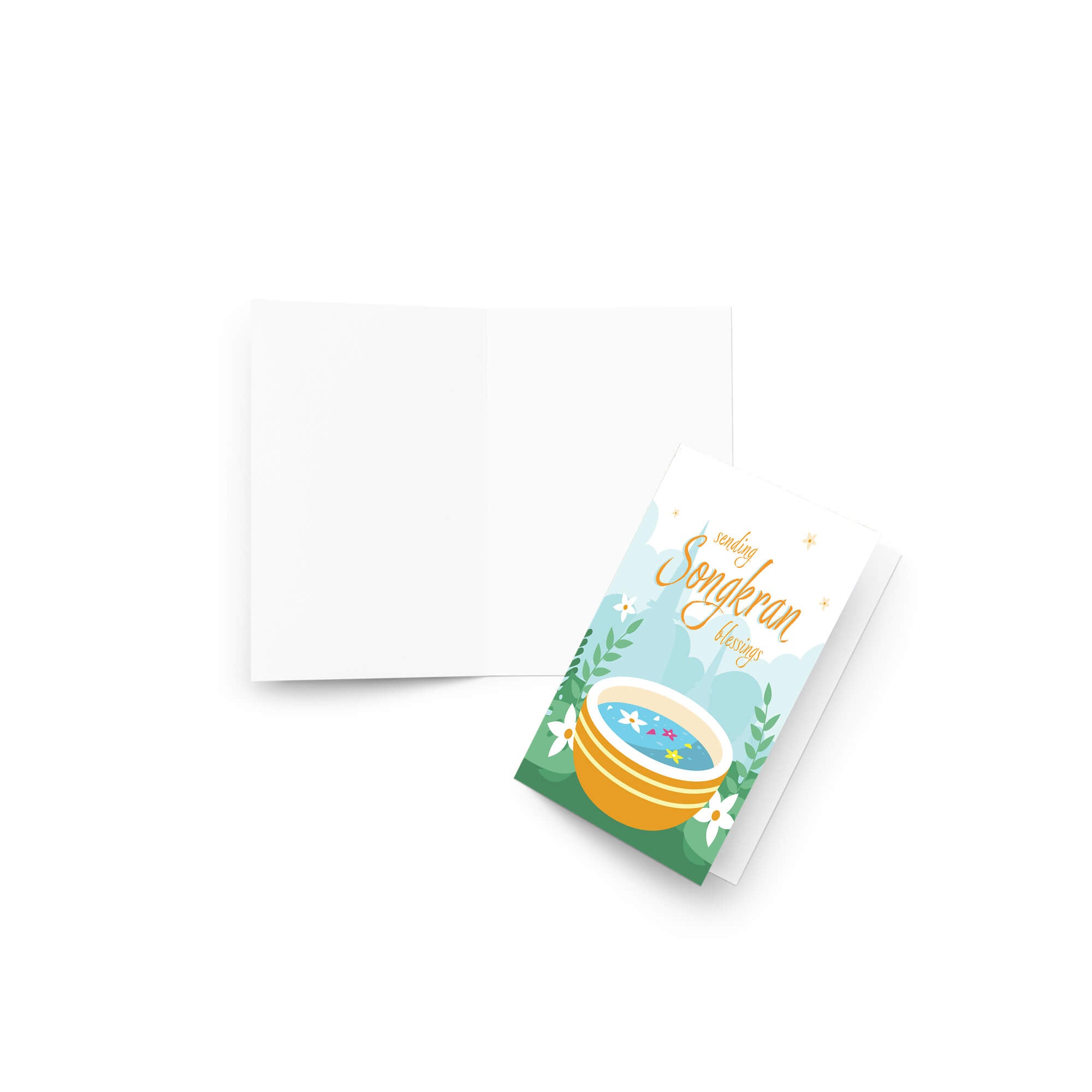 thai new year card with a bowl of spa water and flowers, featuring 'sending Songkran blessings' text.