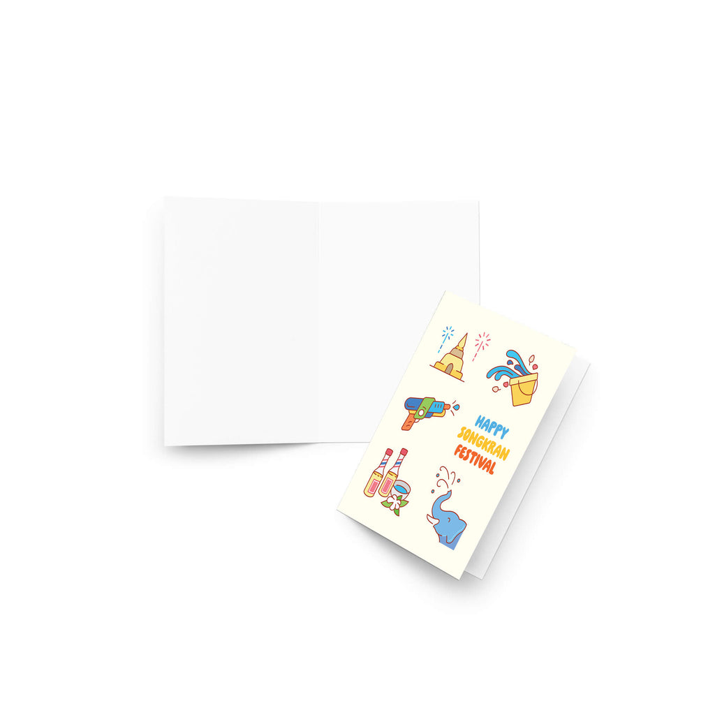 thai new year card with illustrations of Songkran water festival elements on a white background
