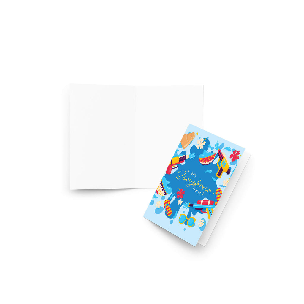 thai new year Greeting card with colorful illustrations of Songkran festival items on a blue background