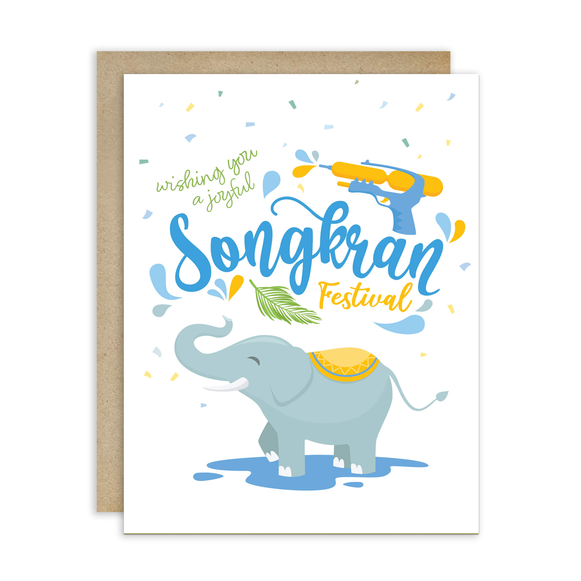 thai new year Greeting card with an elephant and Songkran Festival text on a white background