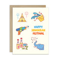 thai new year card with illustrations of Songkran water festival elements on a white background