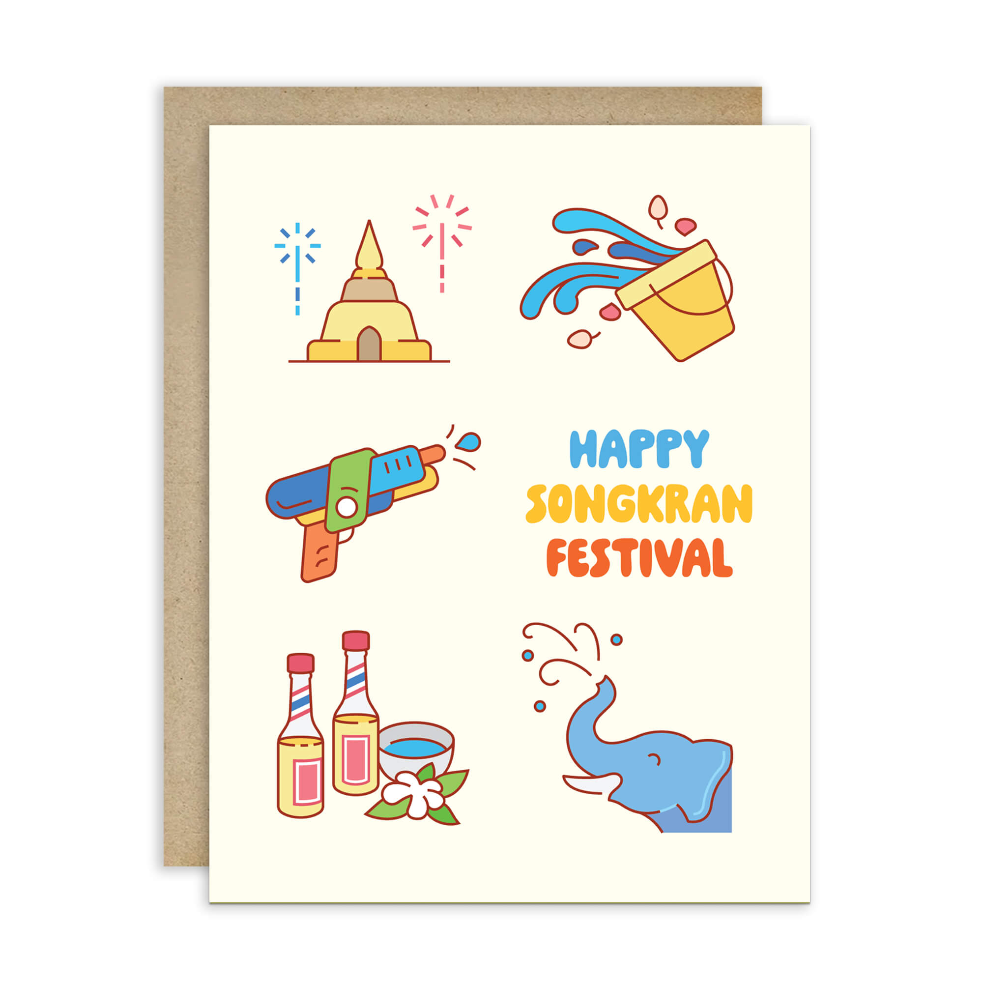 thai new year card with illustrations of Songkran water festival elements on a white background