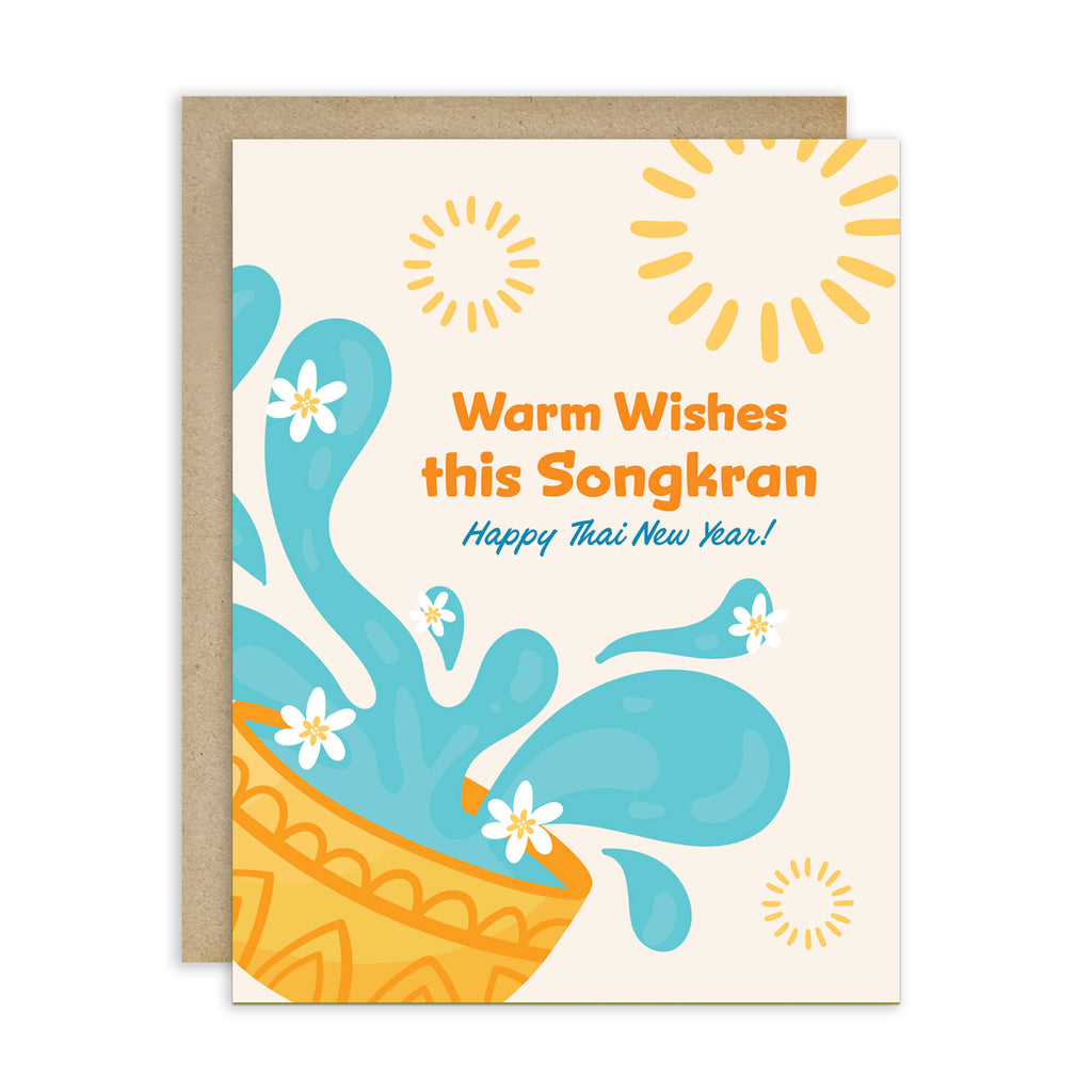 thai new year Greeting card with water splashes and text for Songkran celebration on a white background